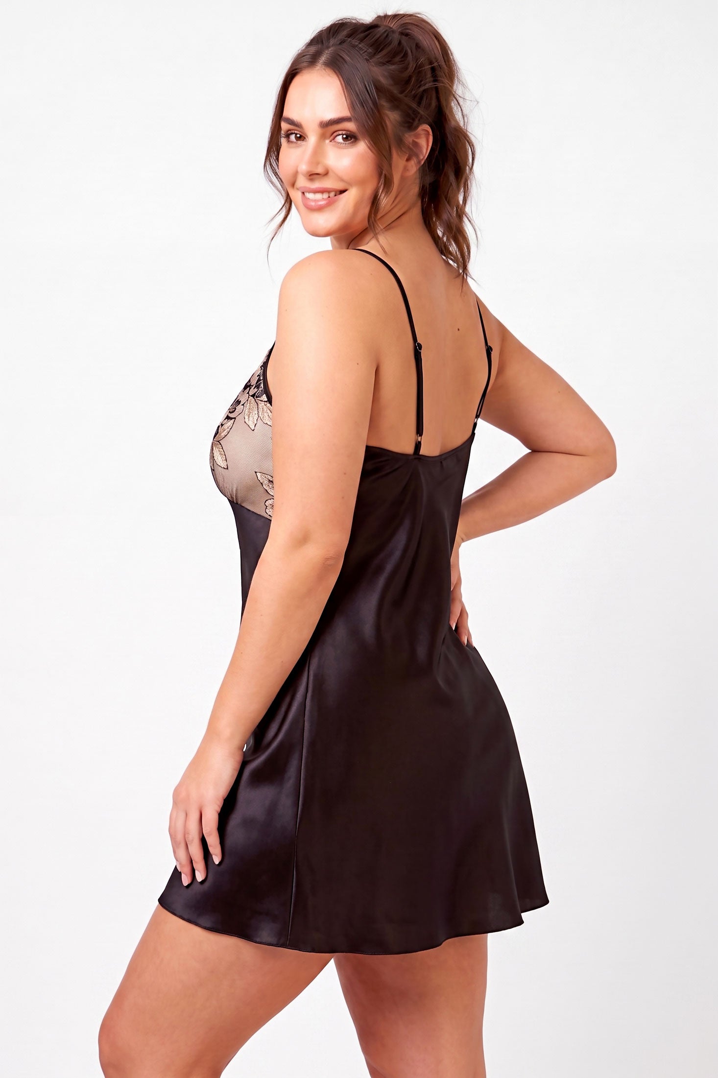 Black bias-cut slip dress in 100% silk satin with floral embroidered cups