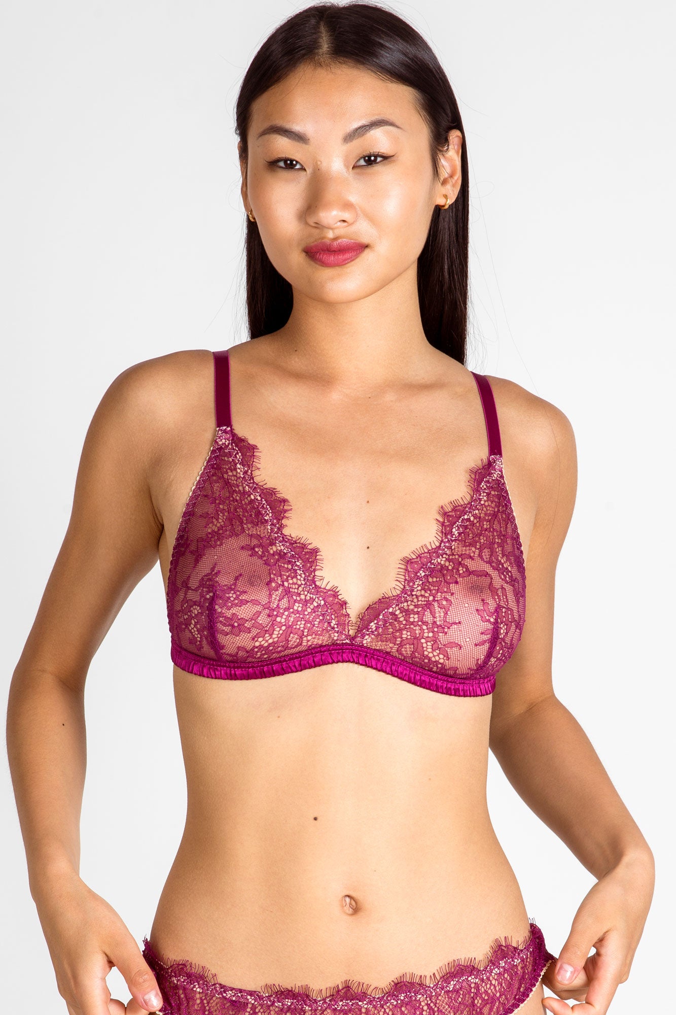 Renata bralette in viva magenta silk with lace cups