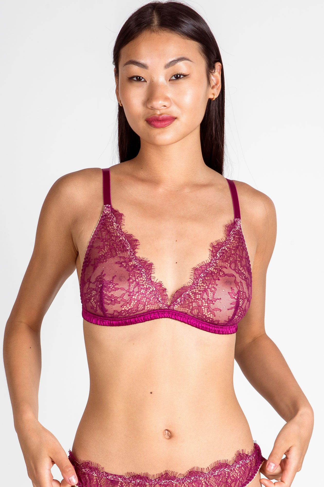 Renata bralette in viva magenta silk with lace cups