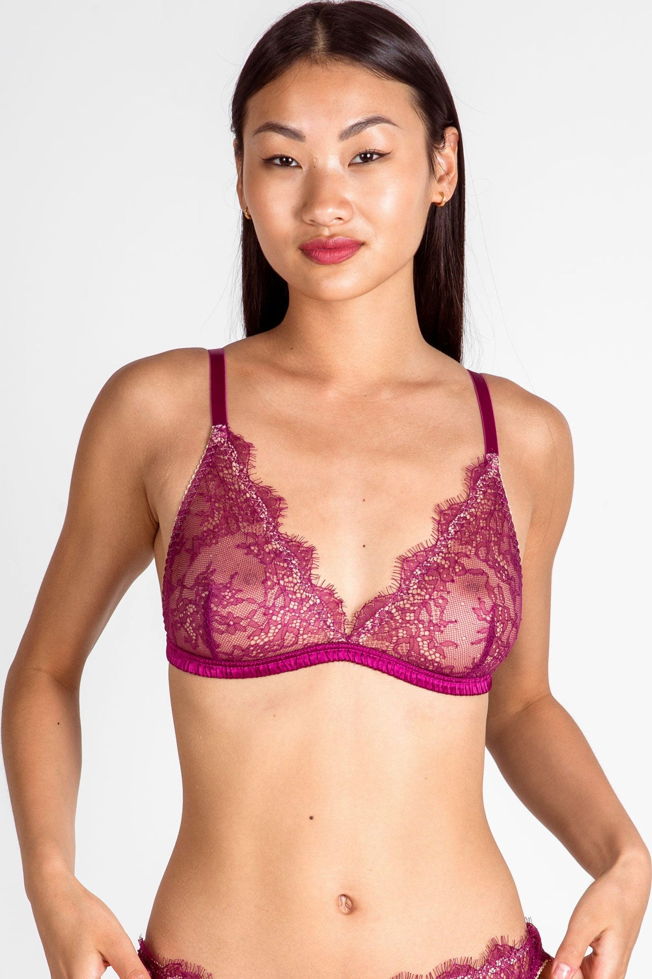 Renata bralette in viva magenta silk with lace cups
