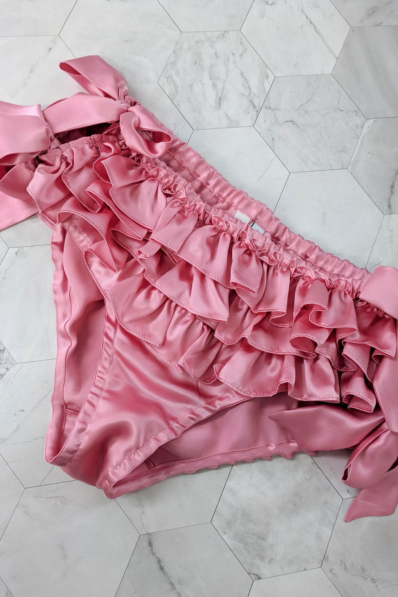 Silk ruffled panties in rose pink satin with 3 ruffles and side tie bows