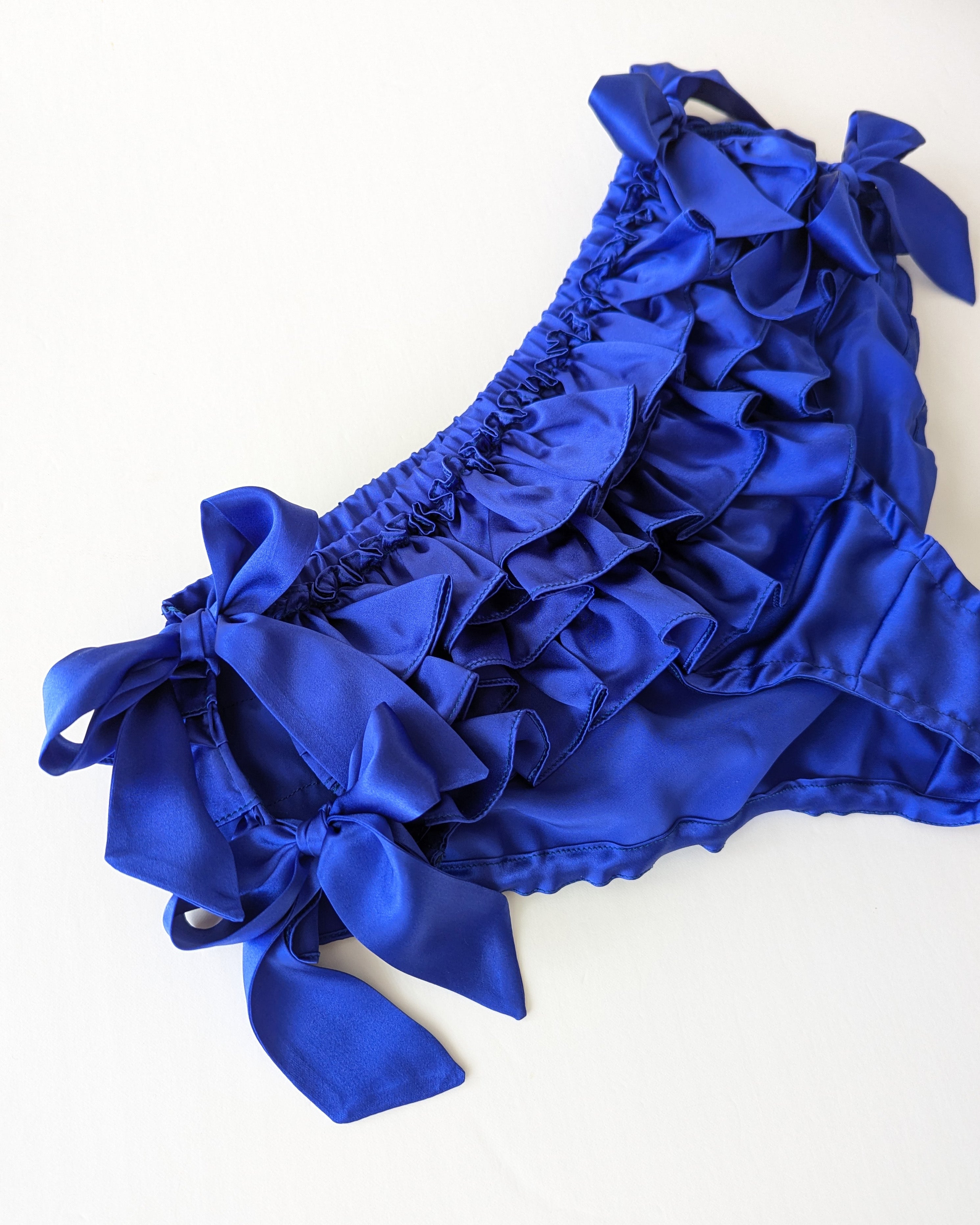 Electric blue ruffle knickers in 100% silk satin fabric with bows