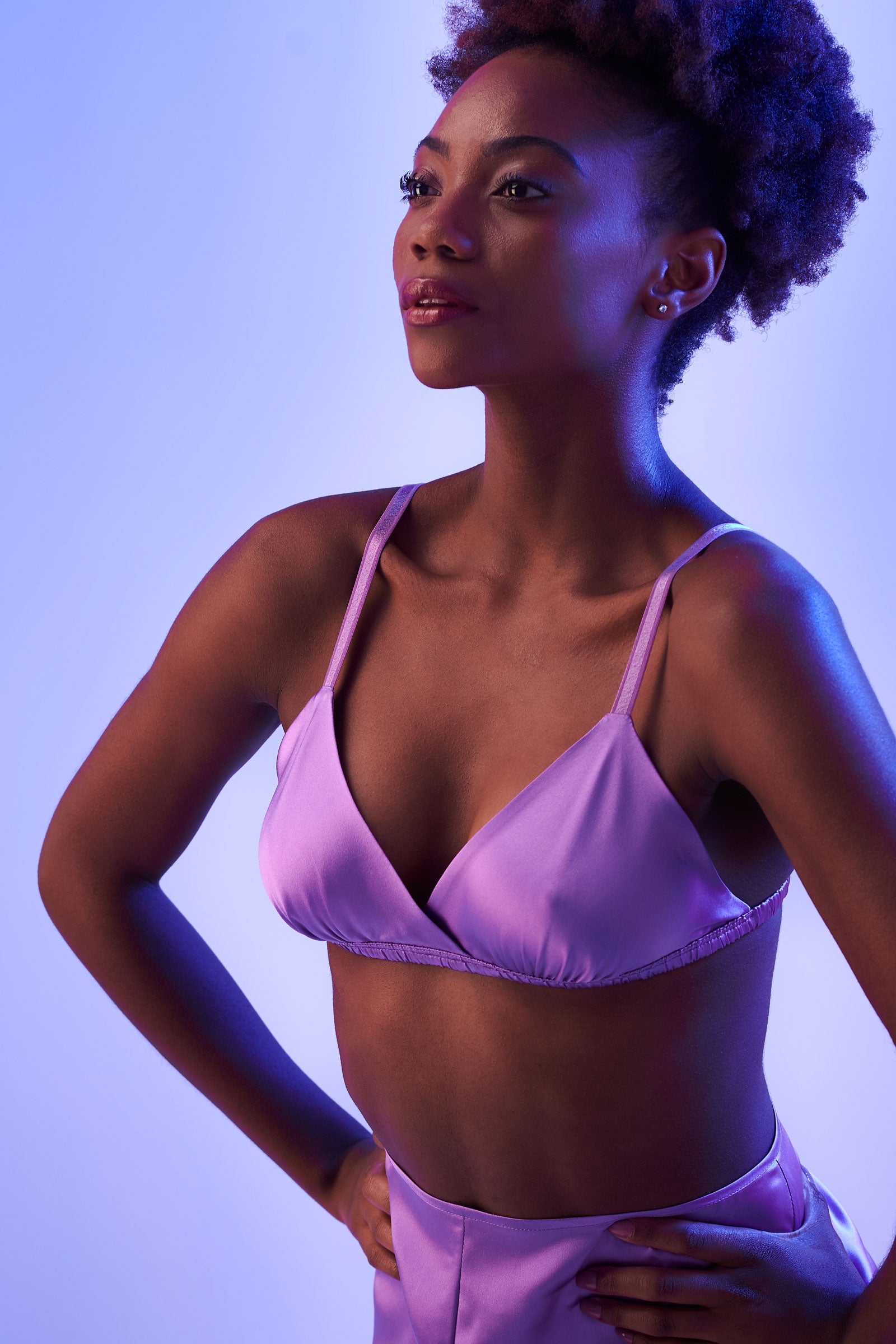 100% silk bra with matching purple sleep shorts