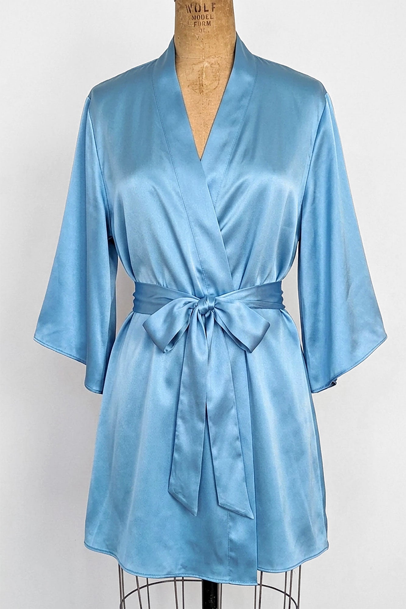Sky blue dressing gown in real 100% silk satin textiles