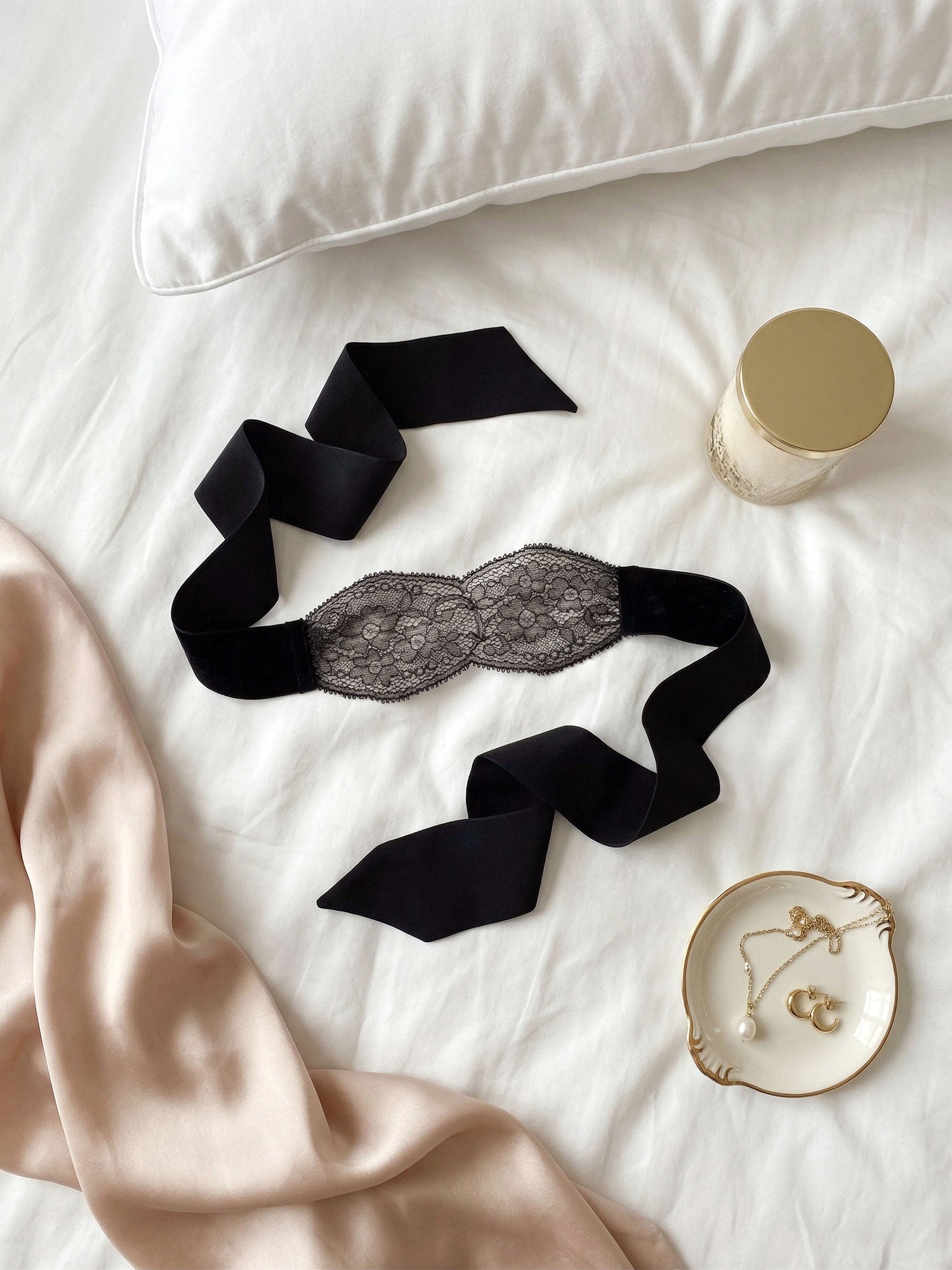 Sheer, sexy blindfold in black silk and french lace by lingerie designer Angela Friedman