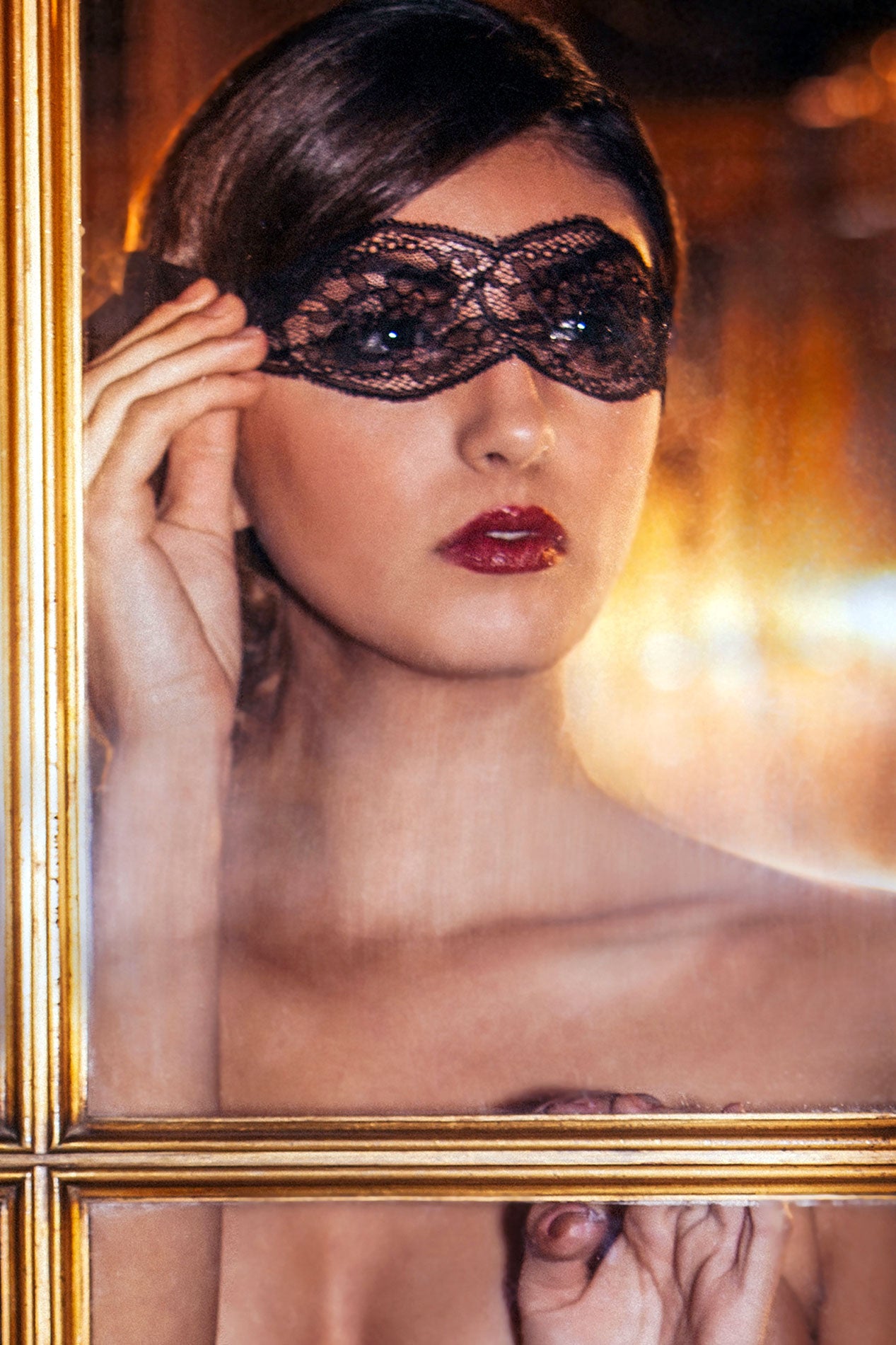 Masquerade boudoir eye mask with black lace and silk blindfold ties