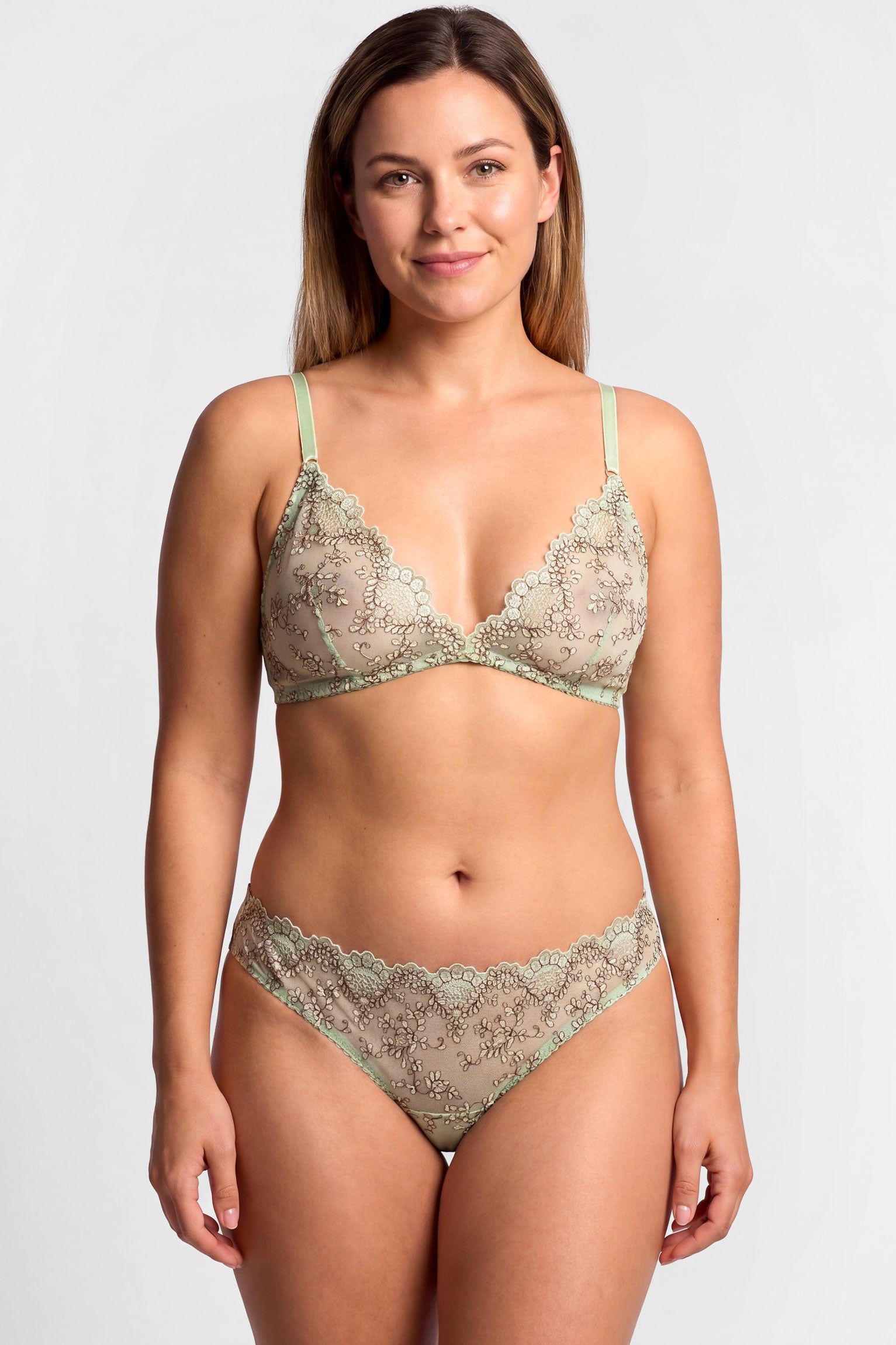Mint green mesh lingerie set with floral lace overlays