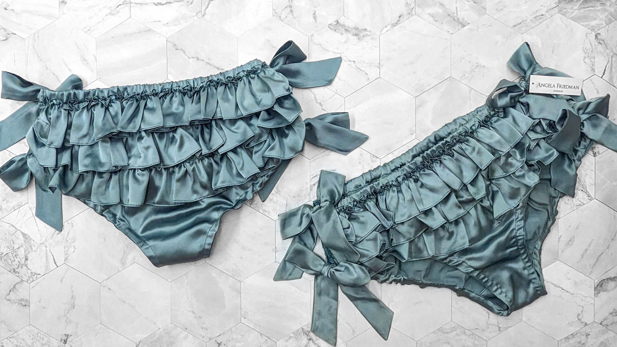 Teal silk ruffled panties with side ties and real silk frills