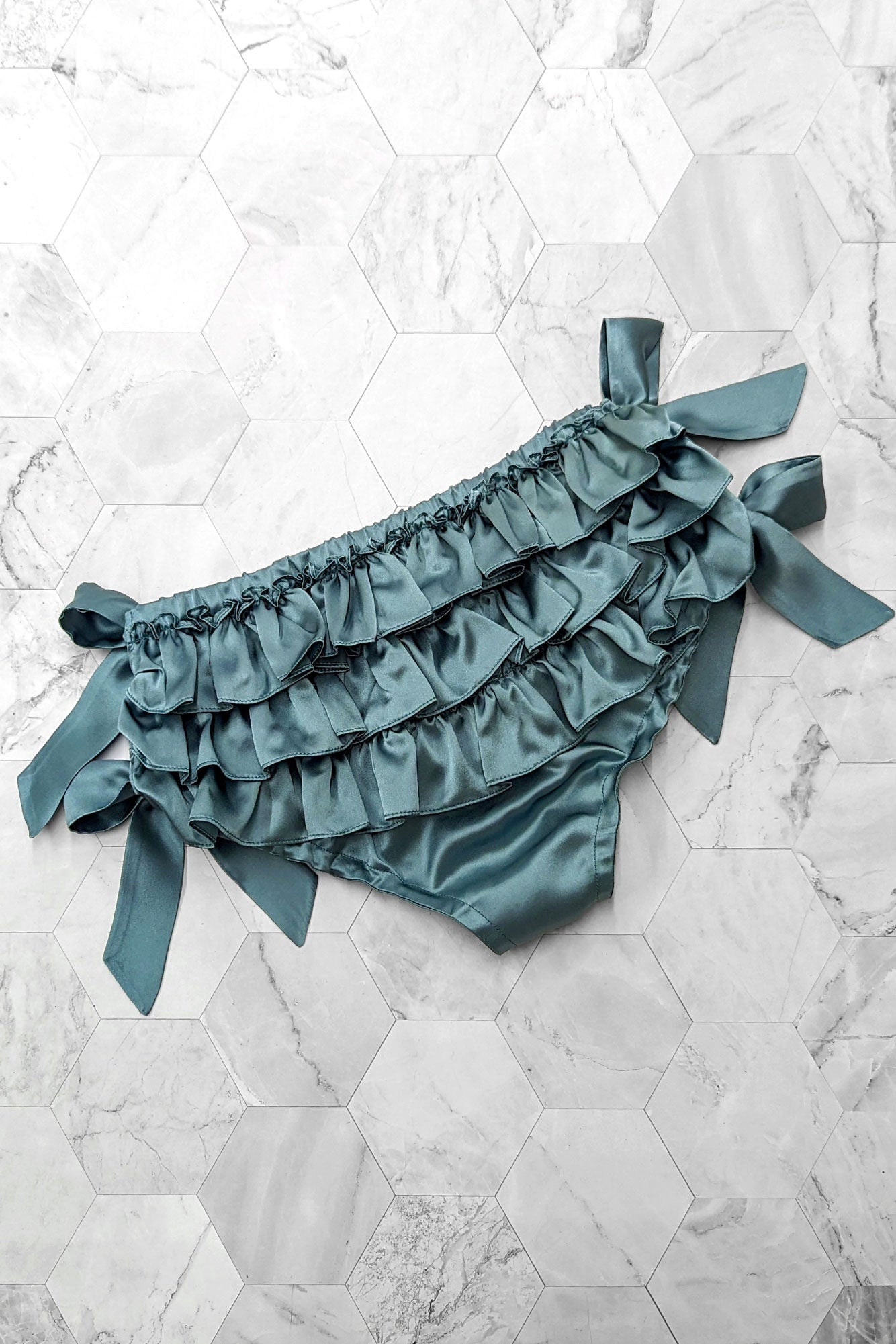 Green gray silk ruffled panties with satin bows
