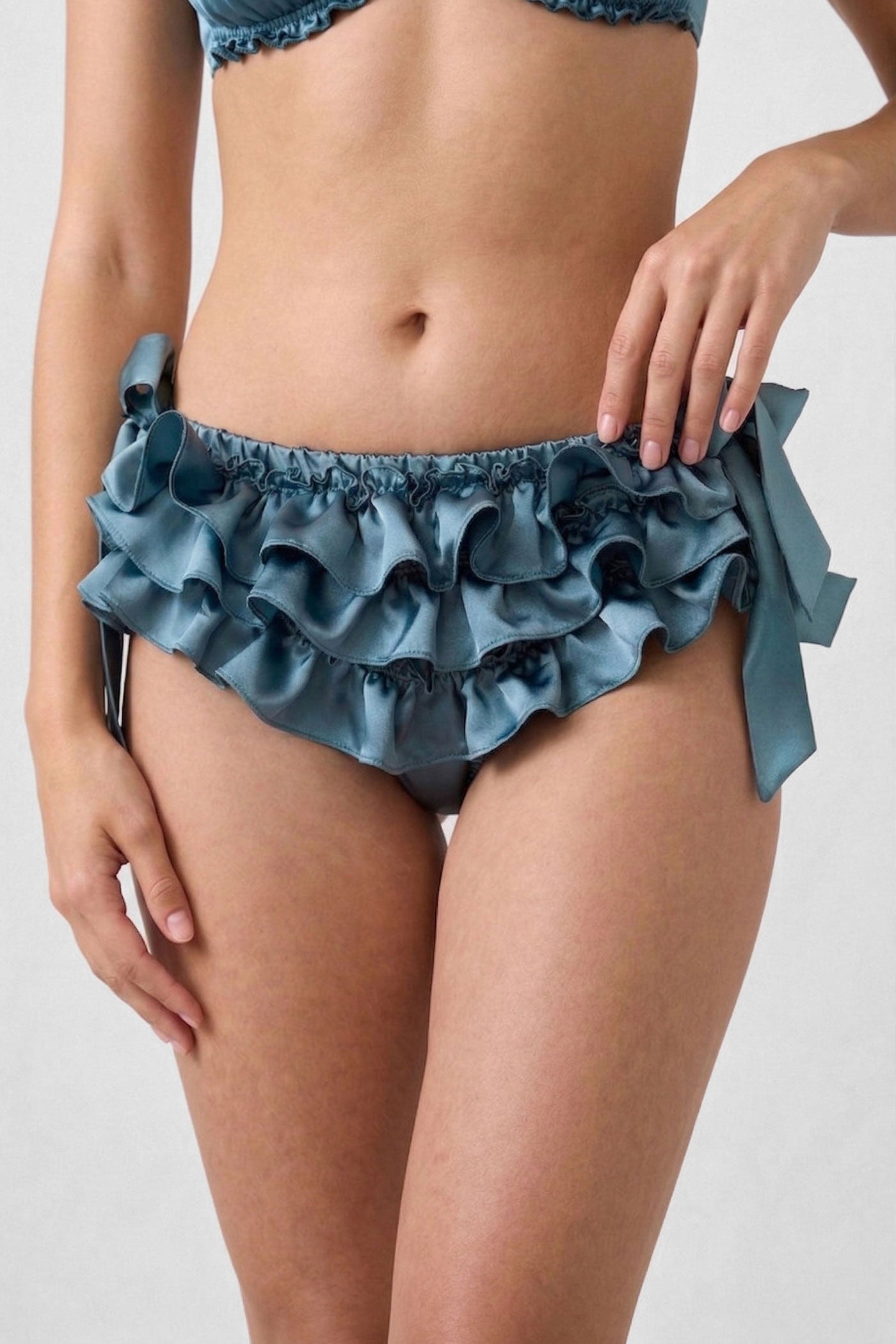 Teal blue frilly bloomers in real 100% silk satin fabric with side tie bows