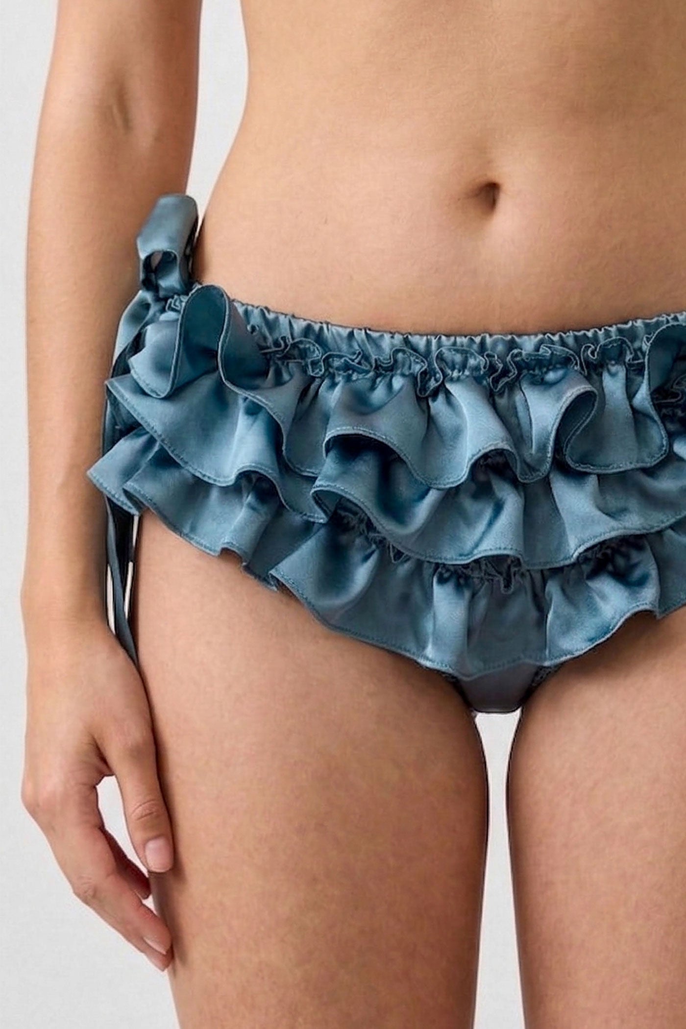 Blue silk ruffled panties by luxury lingerie designer Angela Friedman