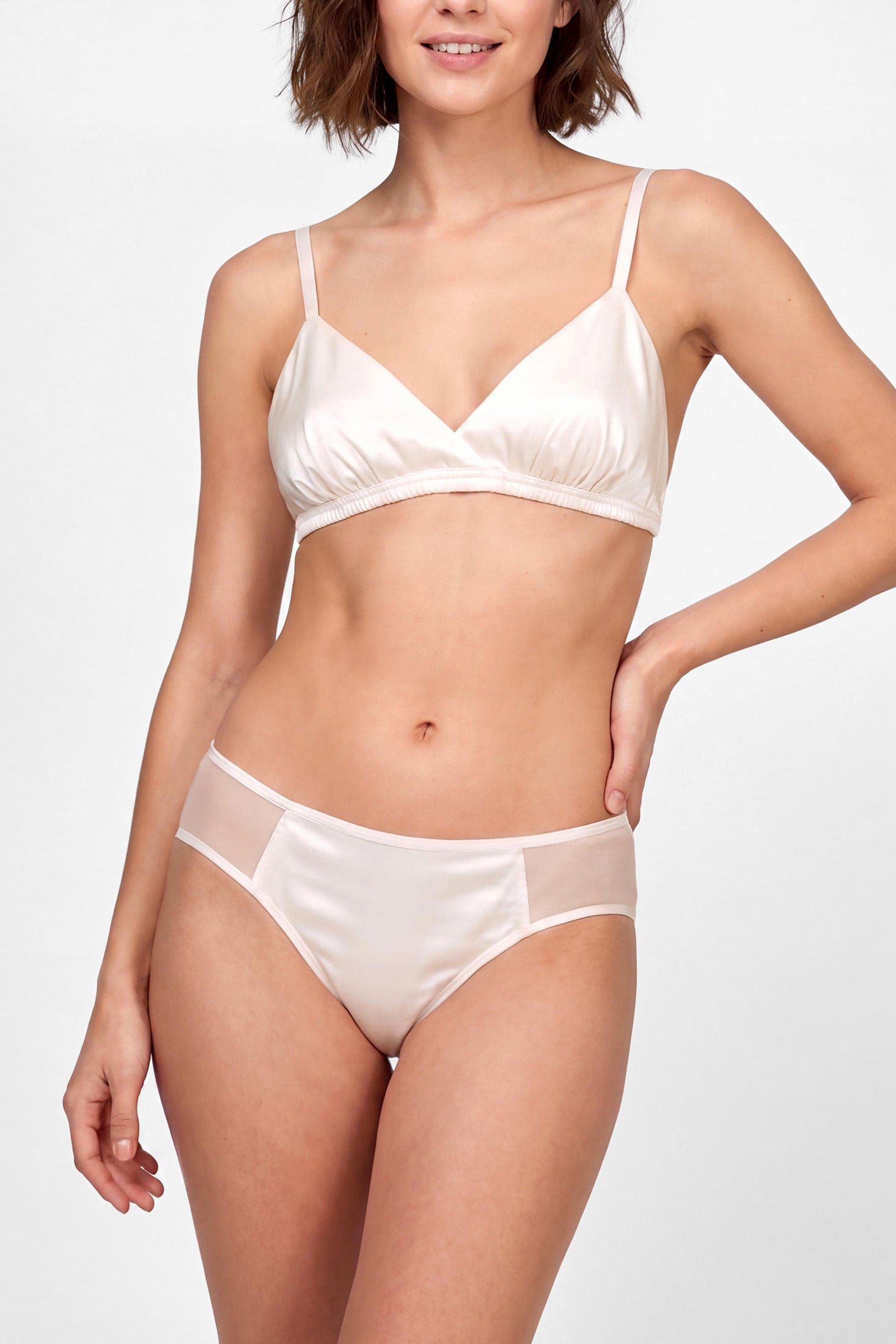 White silk bra and knickers set in real silk satin with sheer tulle trims