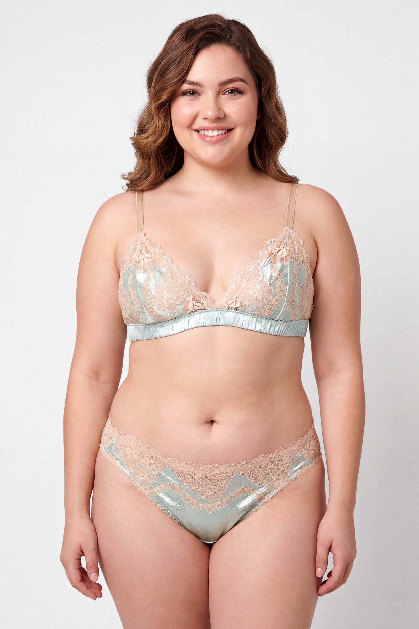 Light blue and nude lace lingerie set on a plus sized model
