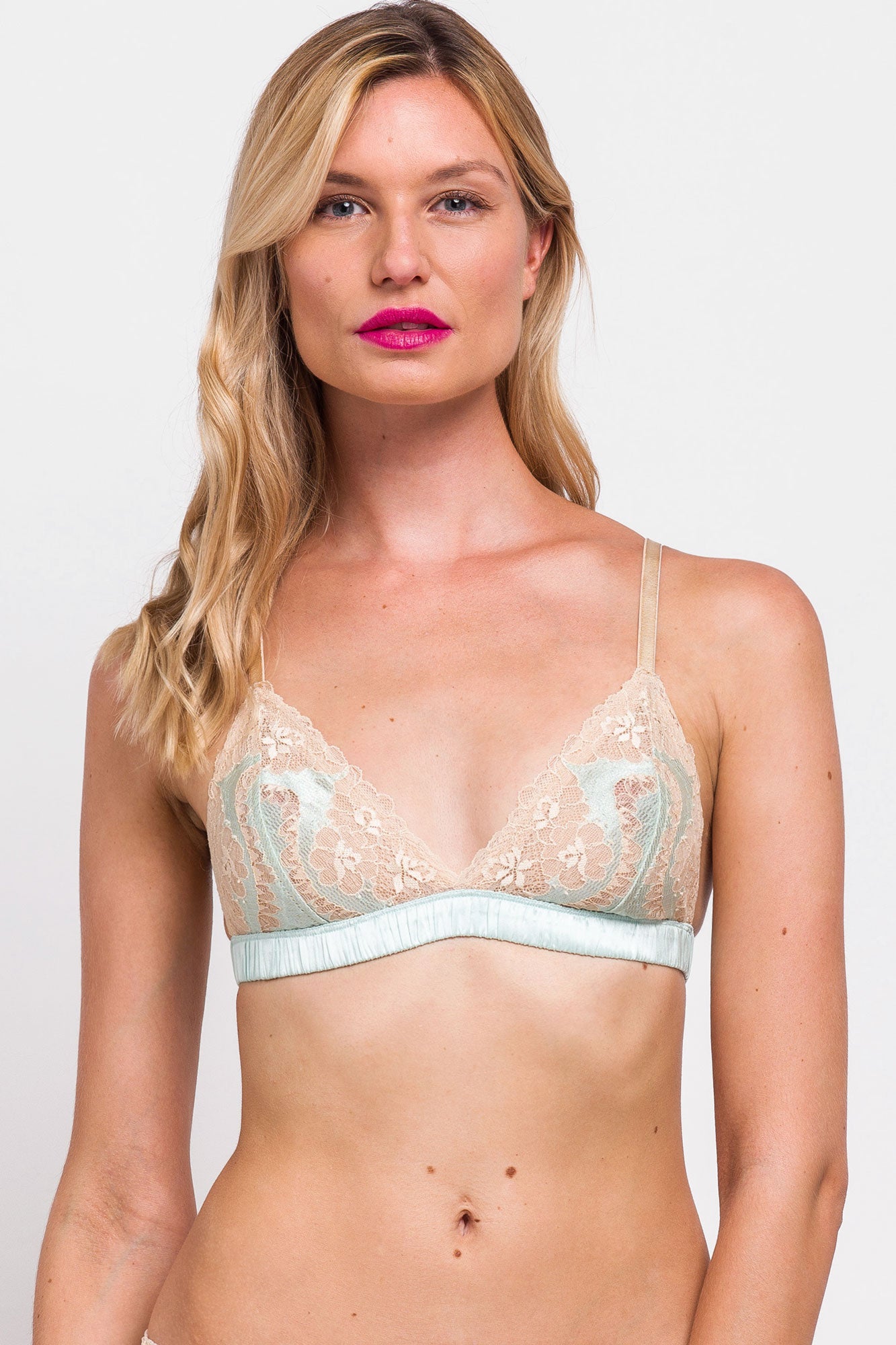 Vintage inspired bralettes with 100% silk band and lace cups in mint green and beige