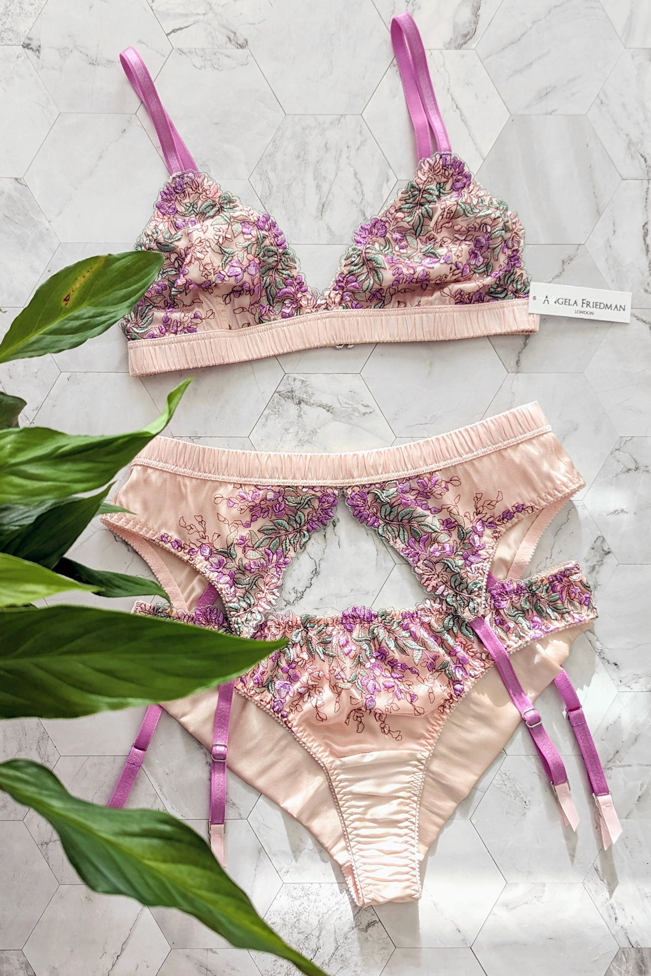 Silk and wisteria floral embroidery luxury lingerie set