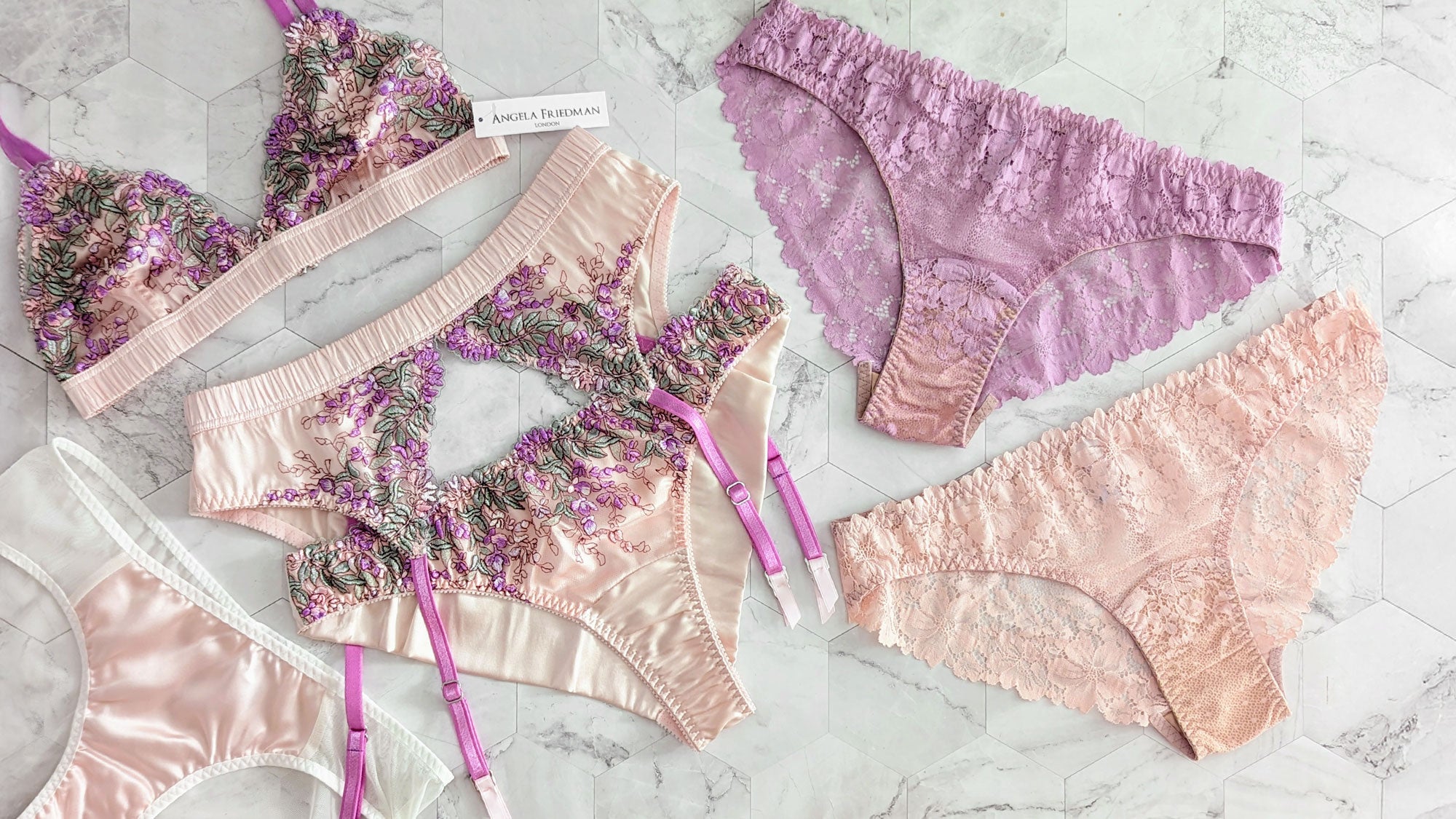 Luxury lingerie and knickers gift set in peach and lilac lace