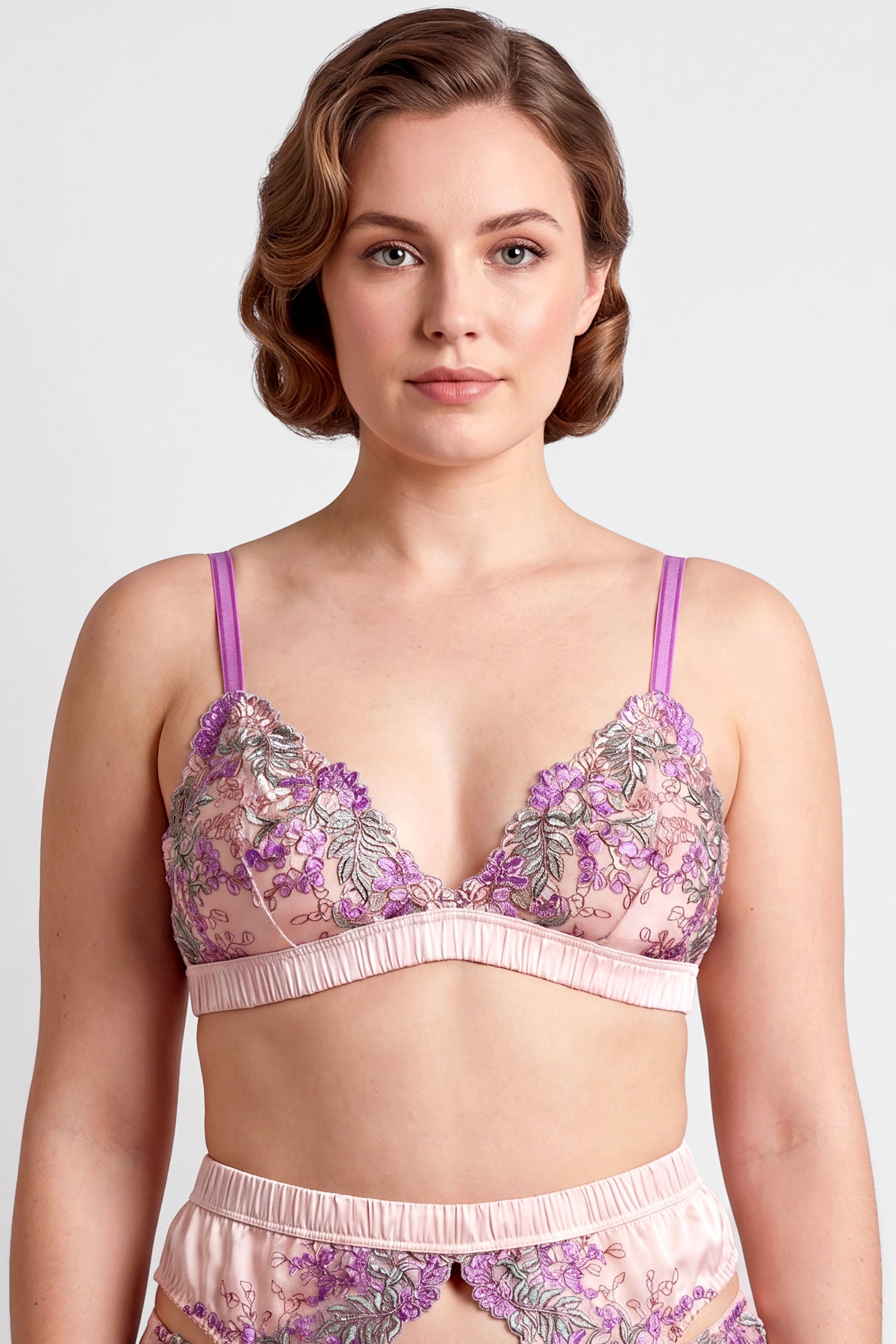 Wisteria embroidered floral bralette with light pink silk linings