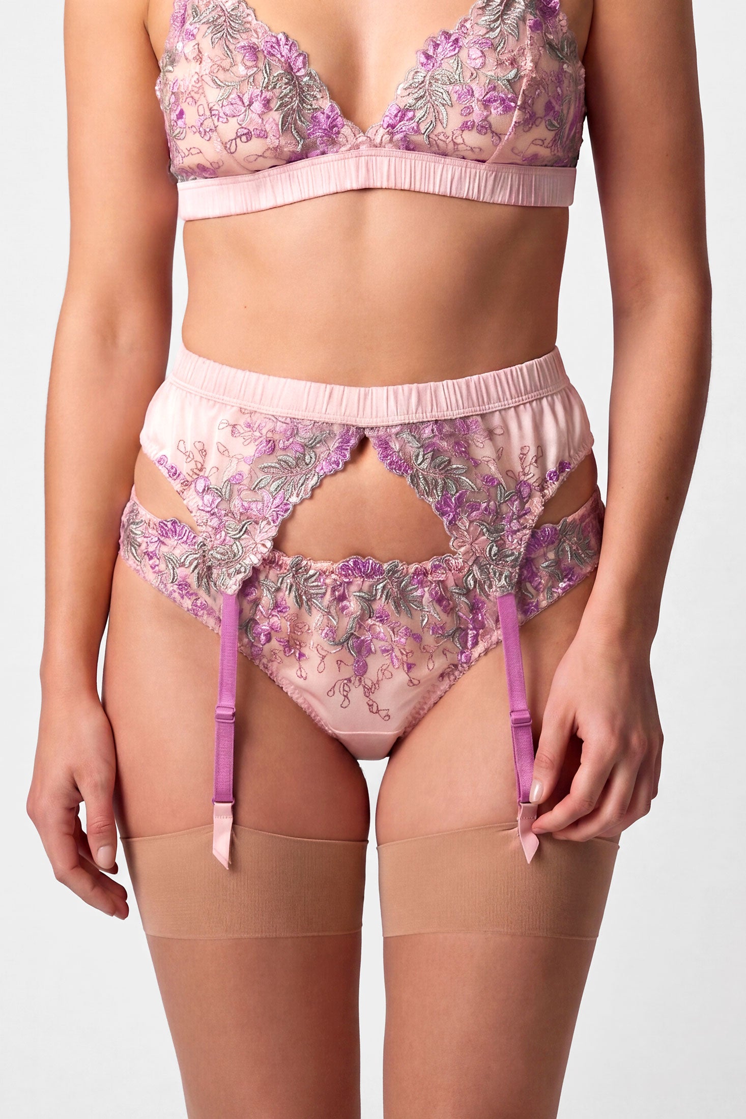 Pink silk suspender belt | Embroidered lingerie sets Pink silk suspender belt | Embroidered lingerie sets