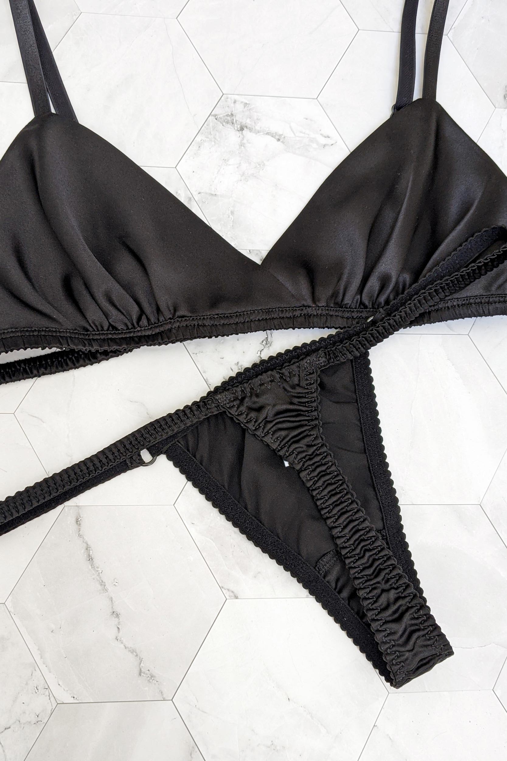 Louisa black silk thong panties with matching triangle wireless bralette