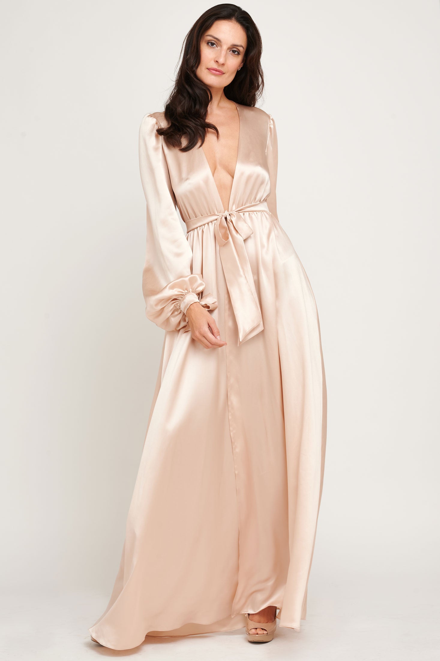 Luxury designer blush pink robe, made in 100% silk satin with floor-length skirt