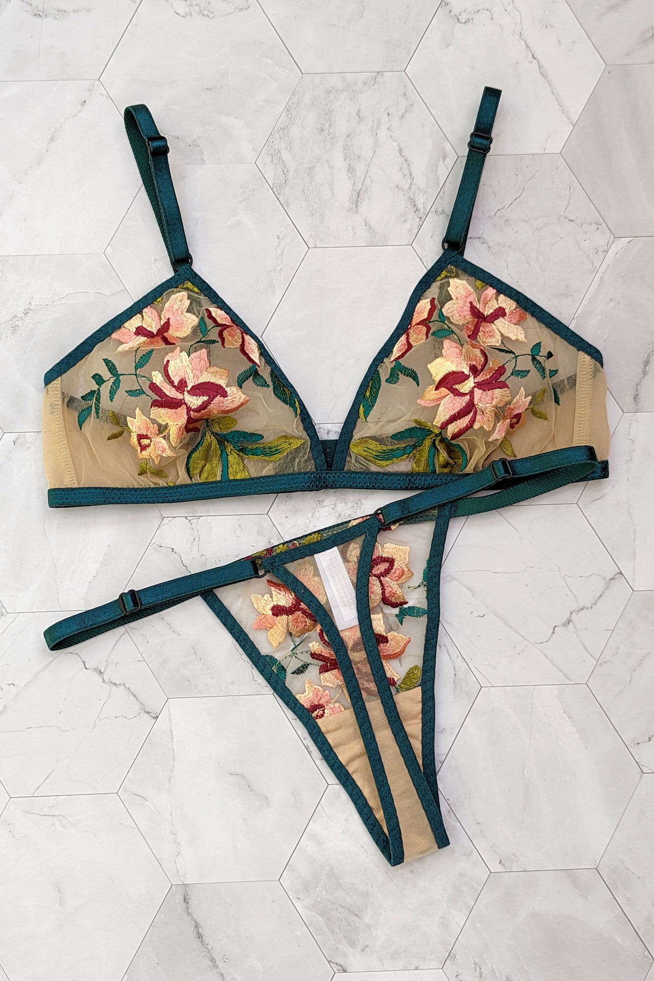 Strappy thong underwear set with pink flowers and green leaves