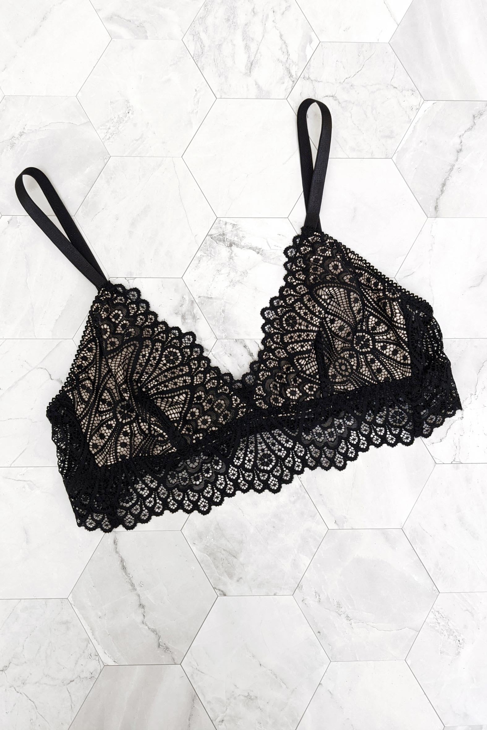 Luxury lace bralette in black and beige silk