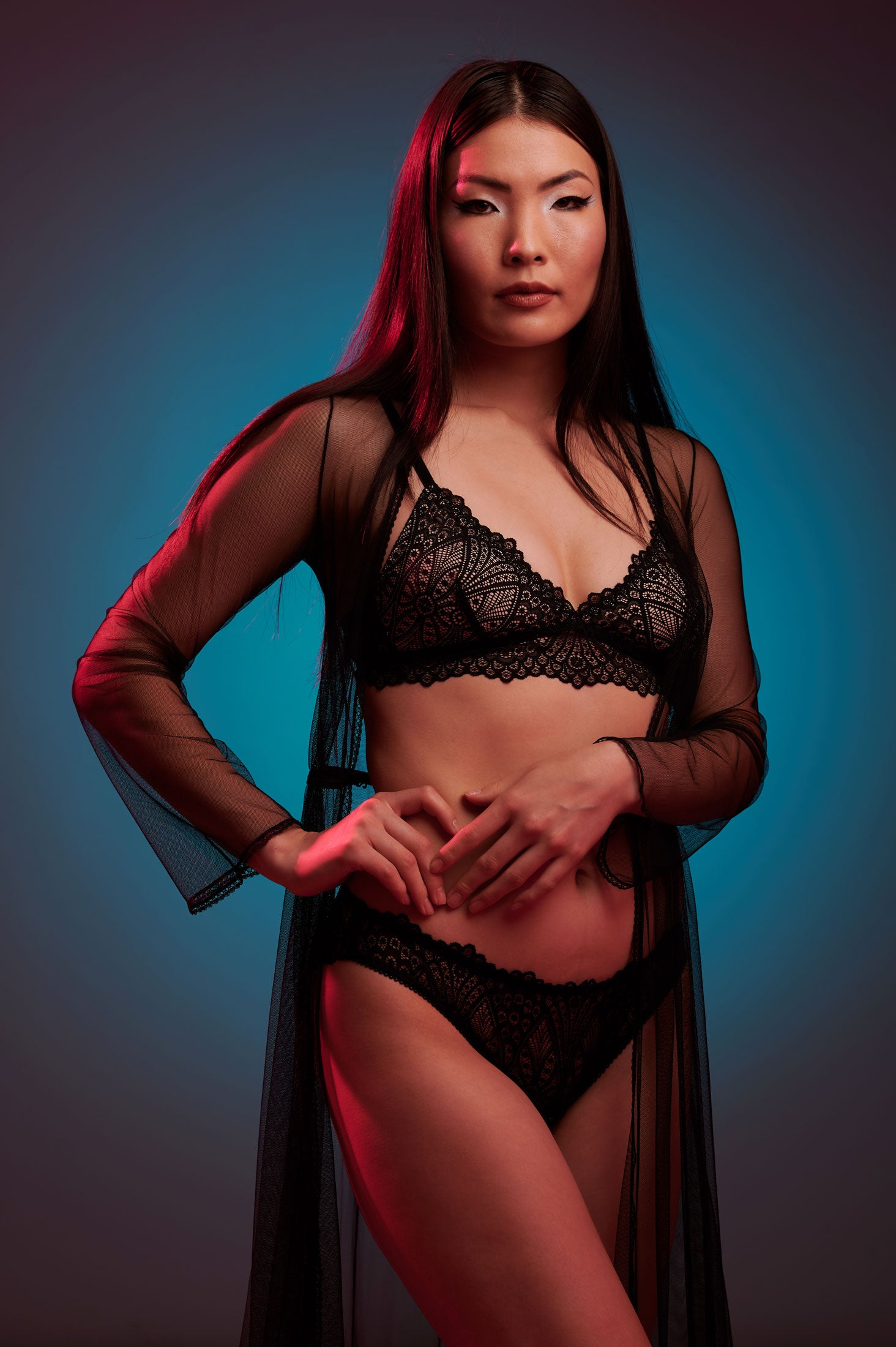 Vintage lace lingerie set with a sheer black robe