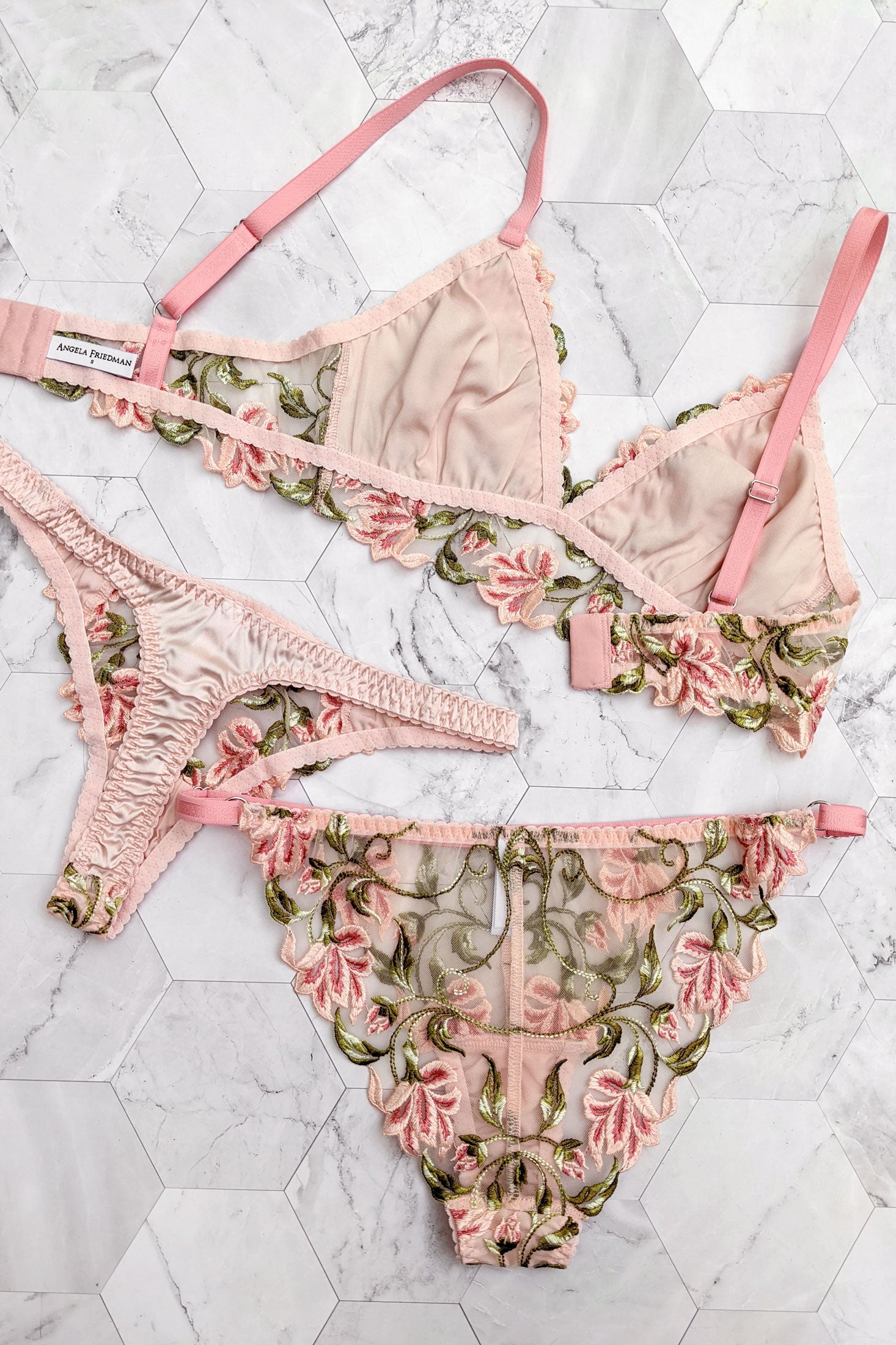 3 piece designer lingerie set in pink silk and embroidered flowers