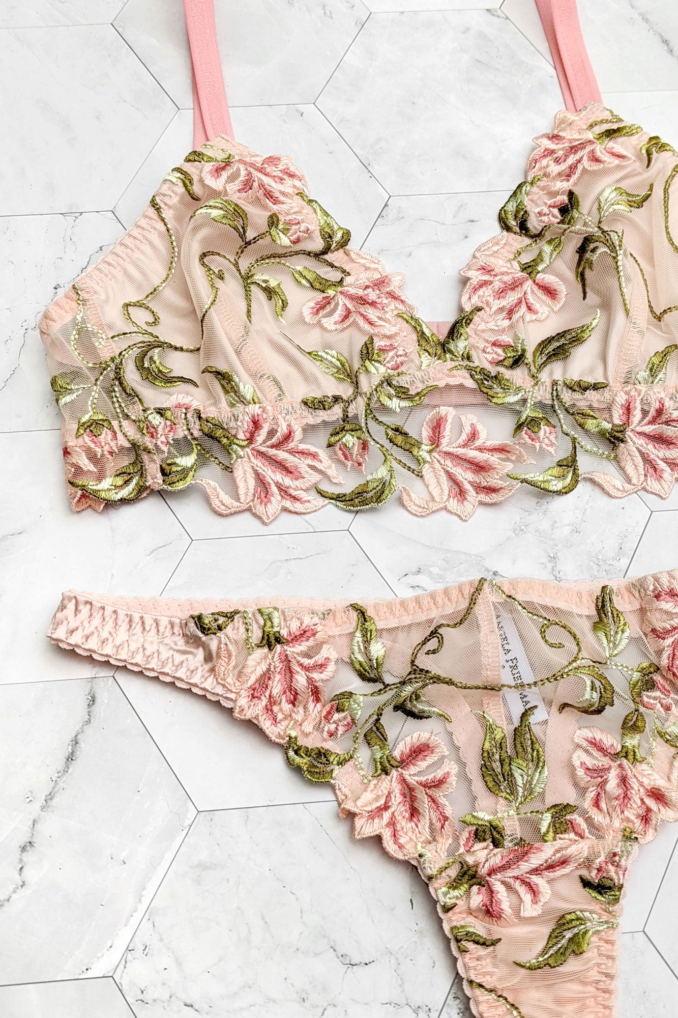Floral bra and thong knickers, handmade by designer Angela Friedman