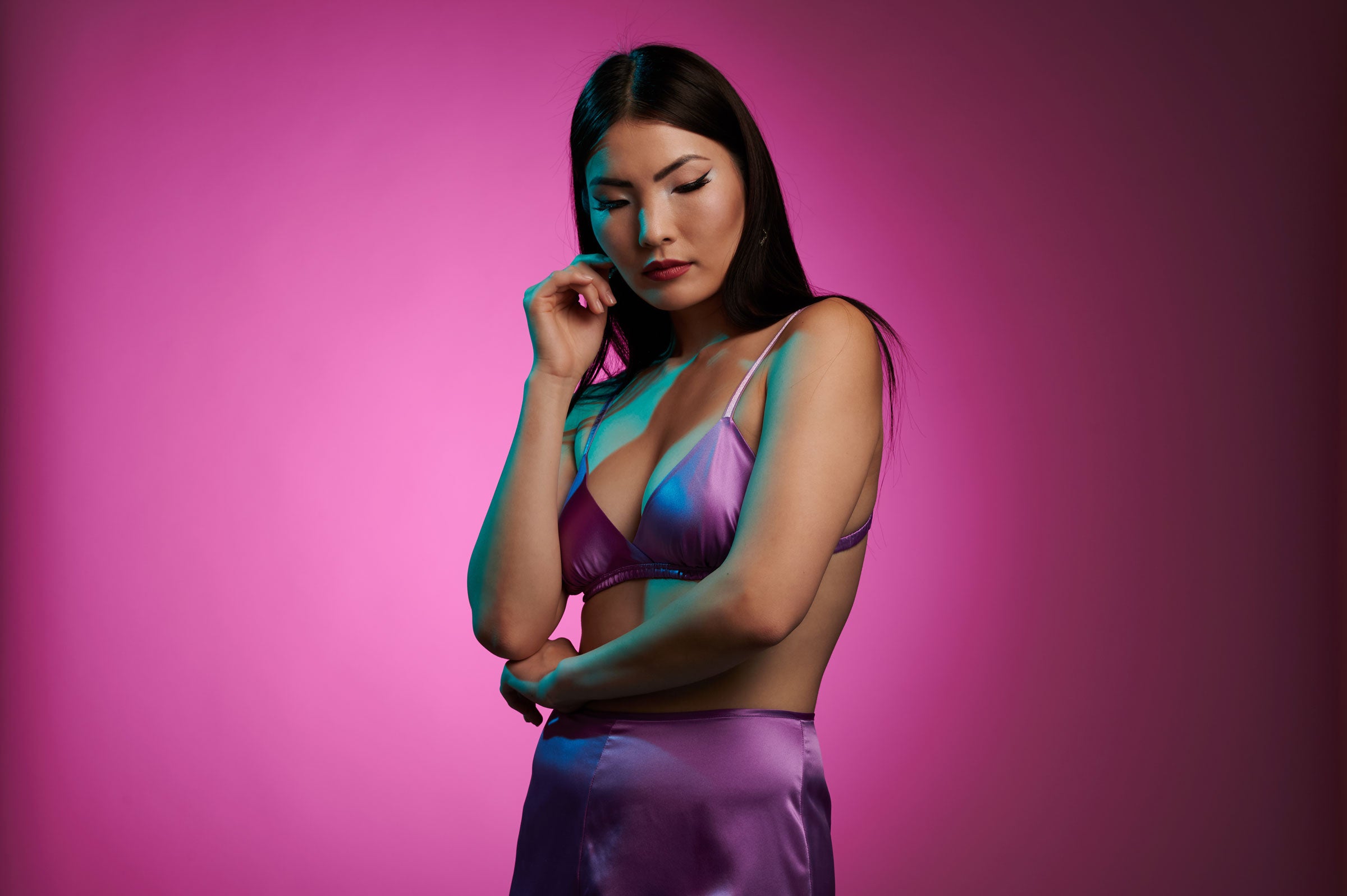 Purple silk bralette with vintage inspired tap pants