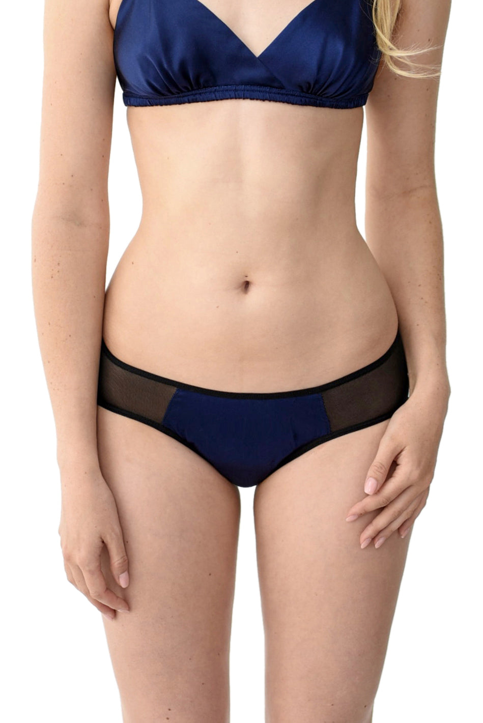 Navy blue silk bralette and handmade mesh knickers