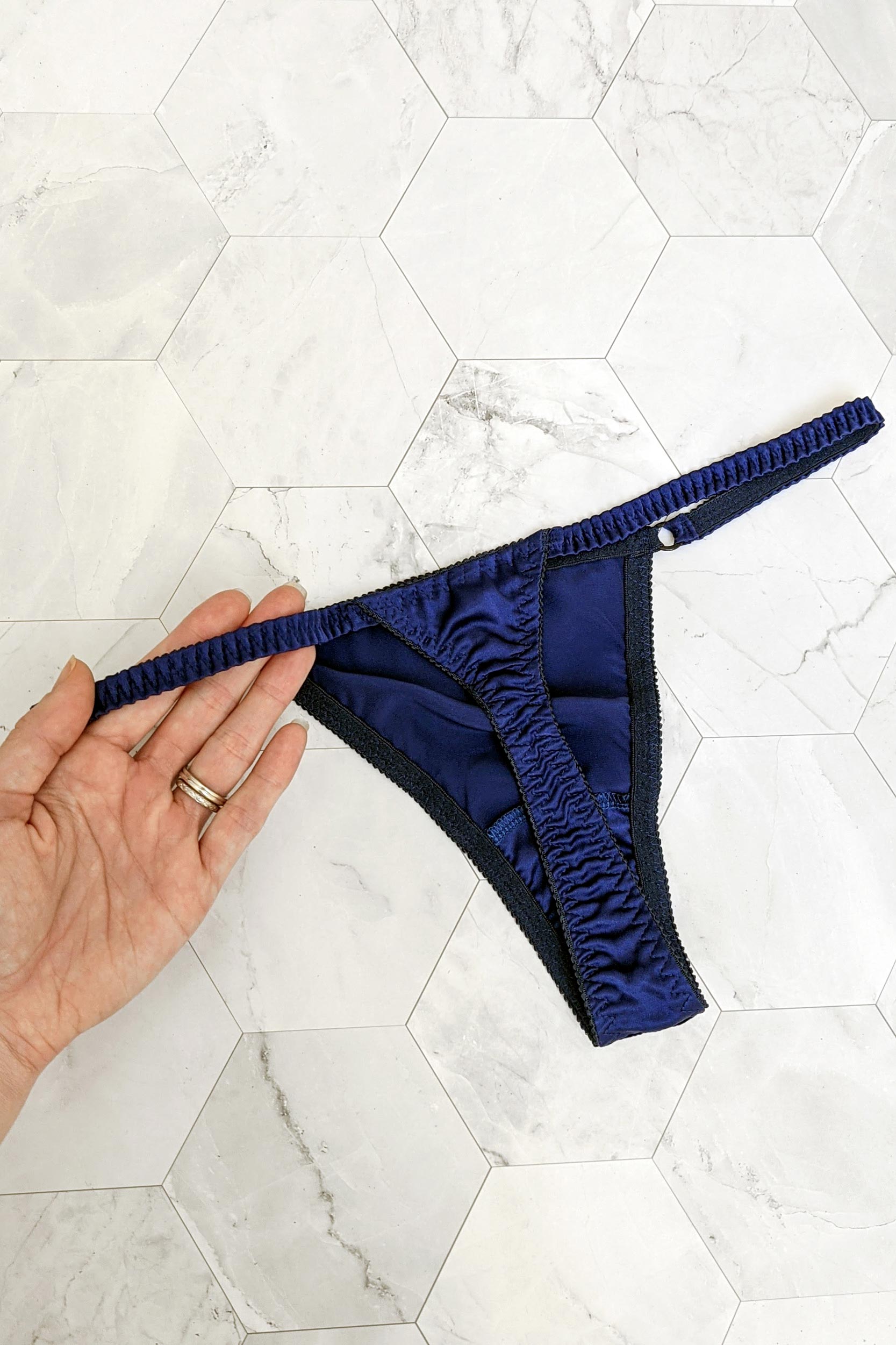 Navy Louisa thong back in 100% silk satin