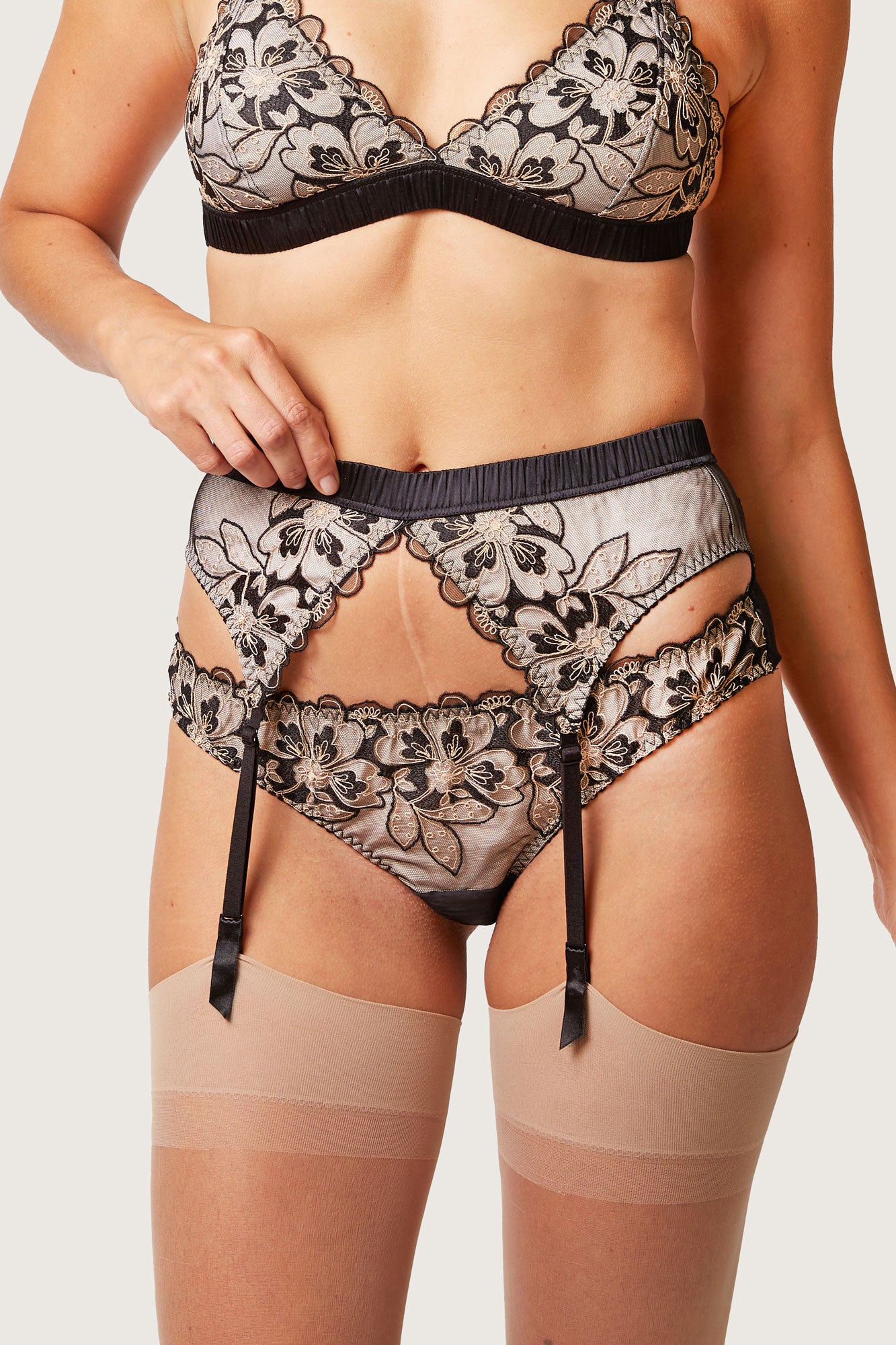 Odile black silk suspender belt and garters