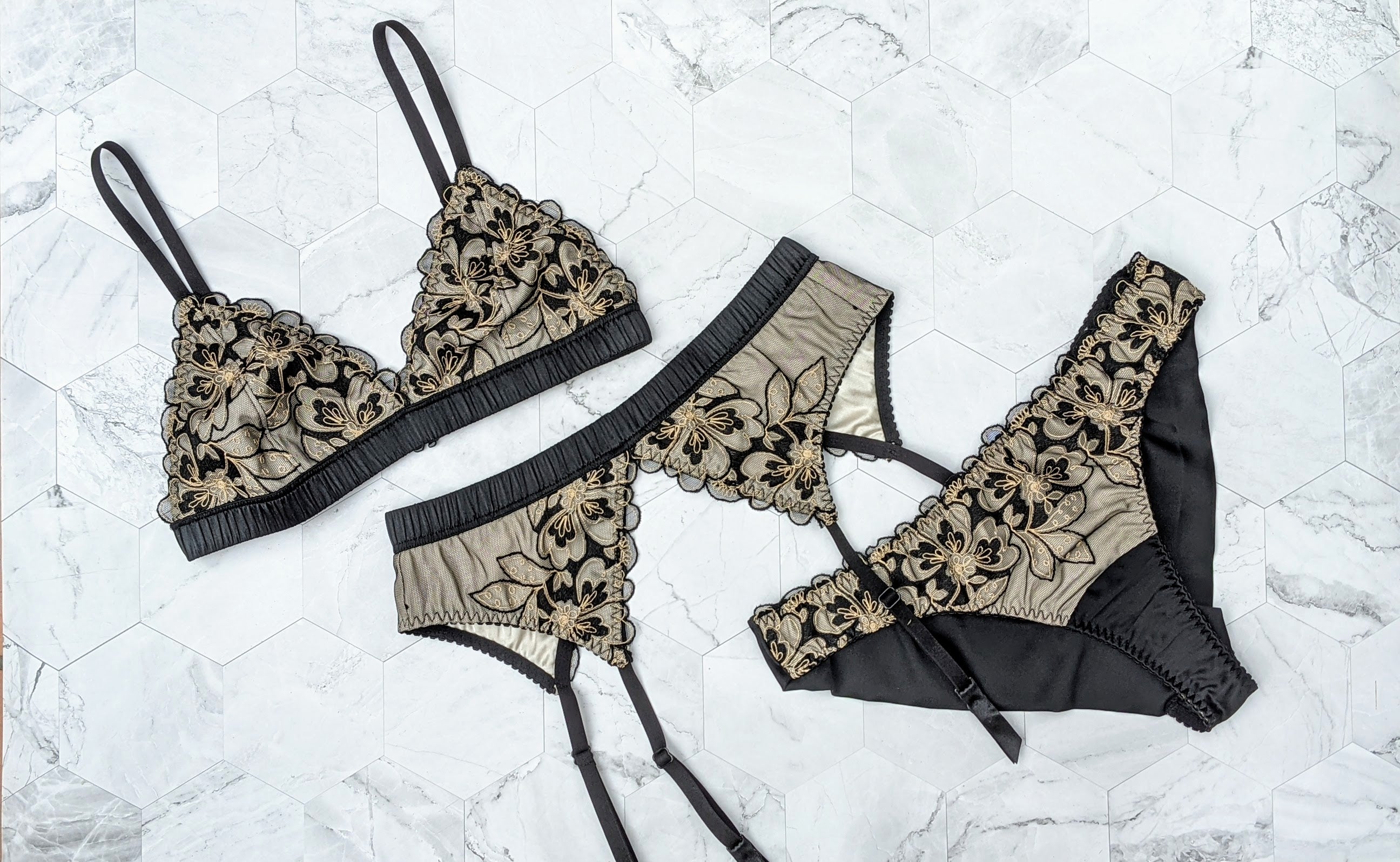Black silk lingerie sets by Angela Friedman