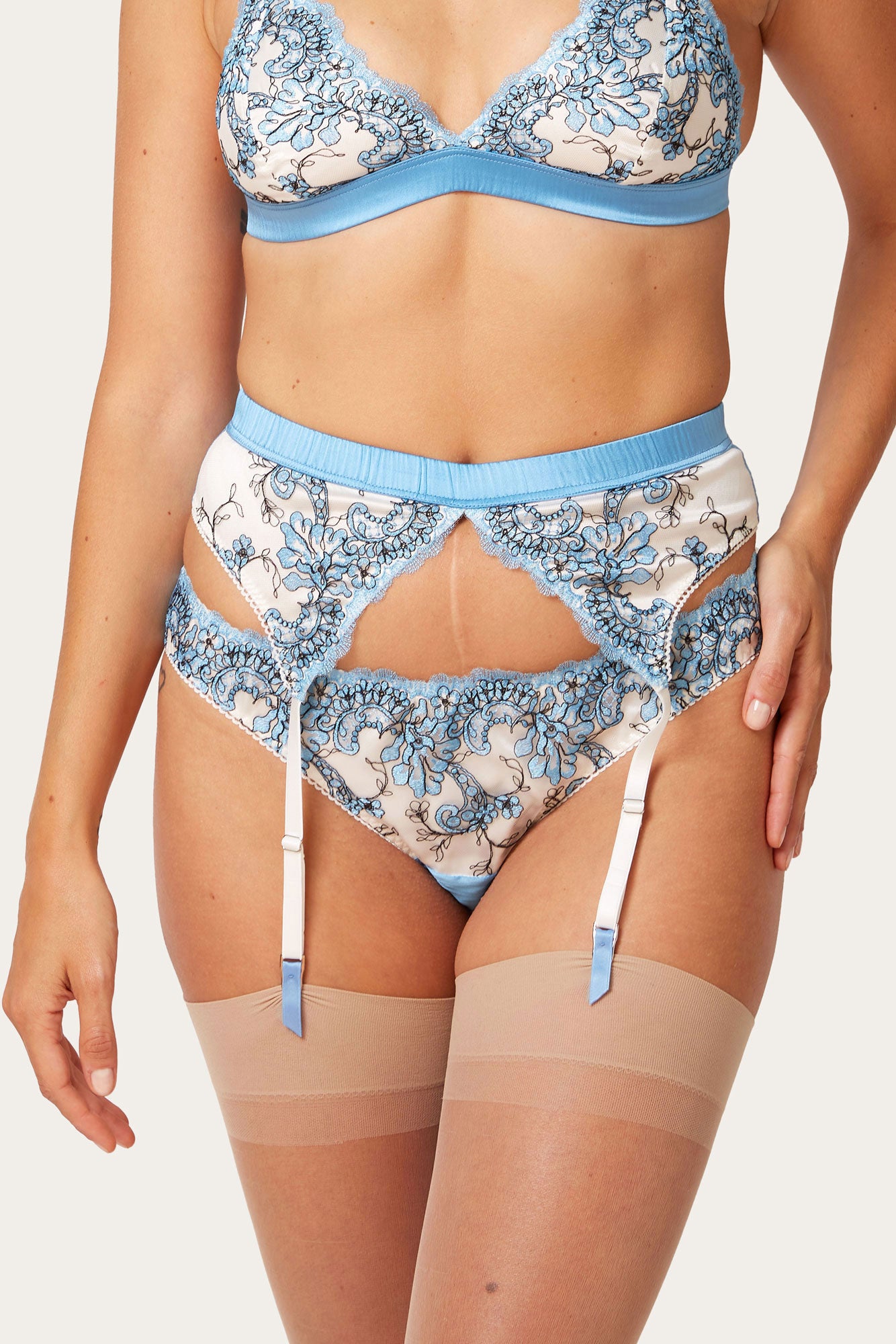 Portia blue silk suspender belt and lingerie set