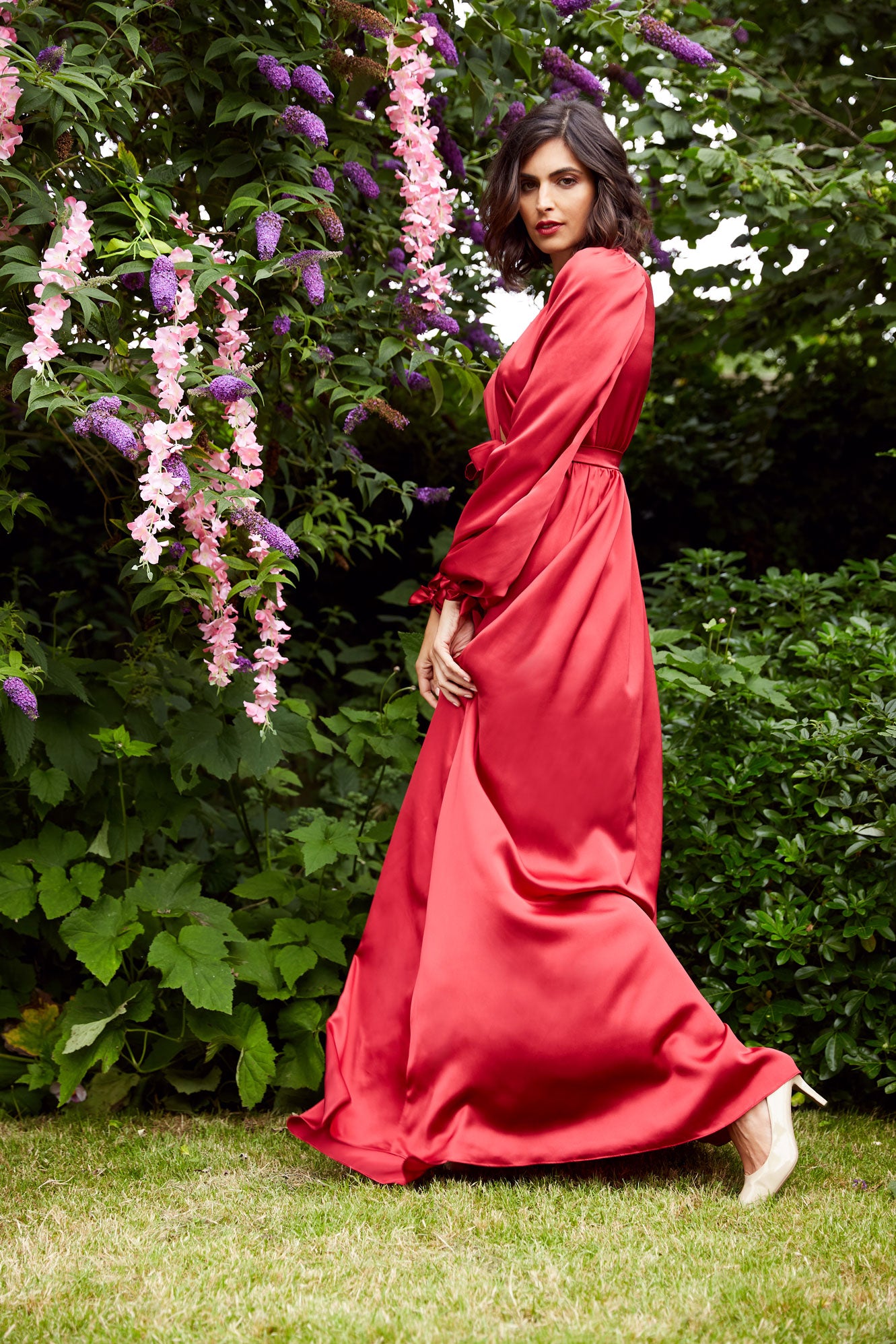 Luxury red satin robe, handmade from 100% pure silk in cherry red for Old Hollywood aesthetics