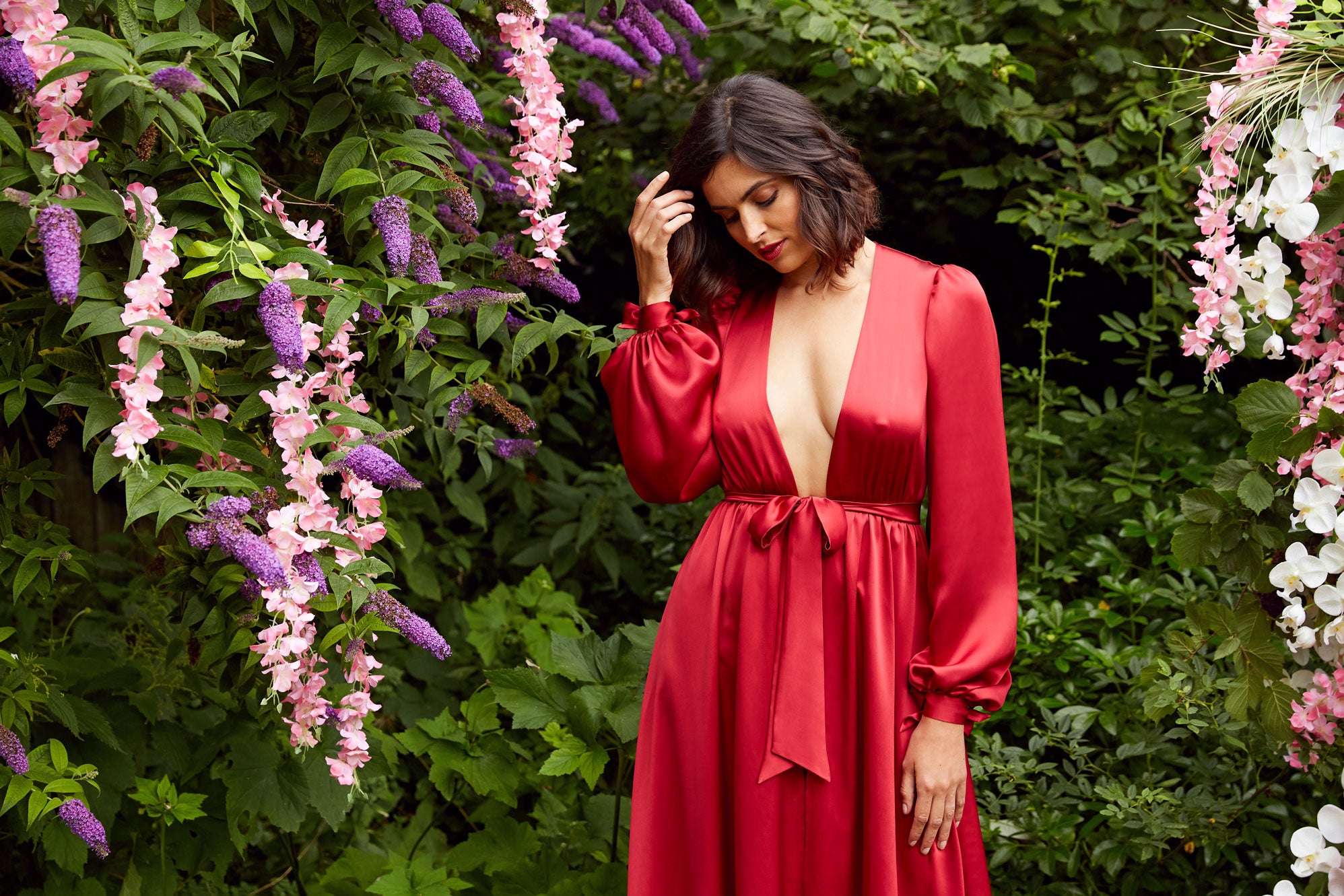 Vintage inspired, floor length robe with red bows for Christmas or Valentine's Day gifts for her