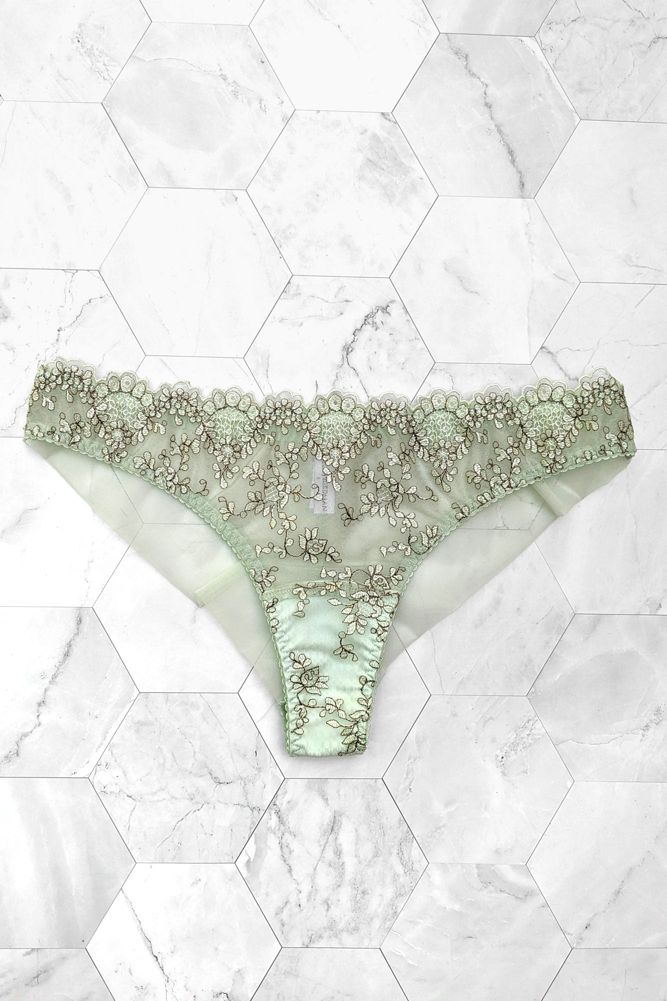 Sage green knickers with floral embroidery and soft stretch mesh back