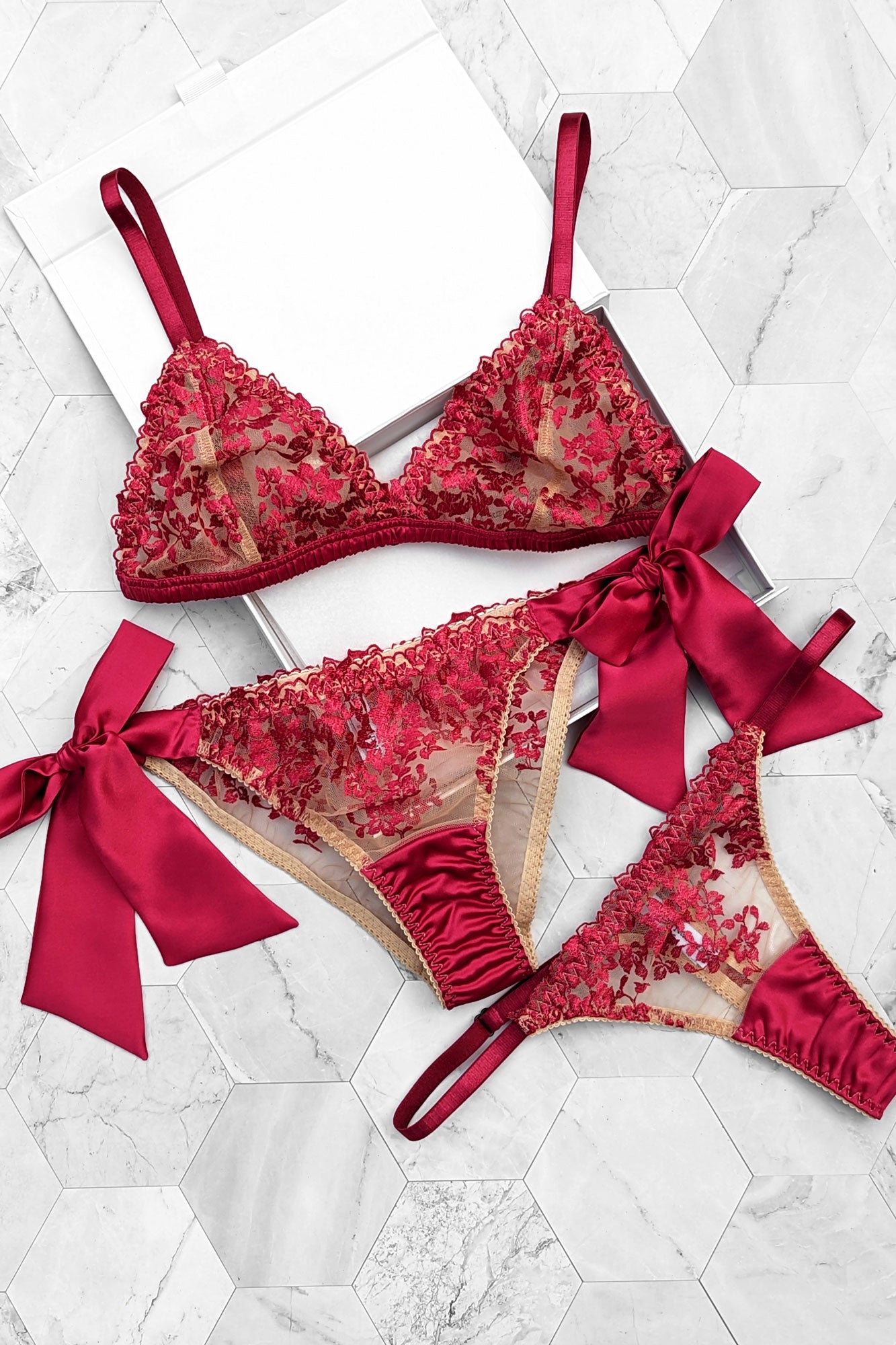 Luxury bra and panty set with red silk bows and floral embroidery