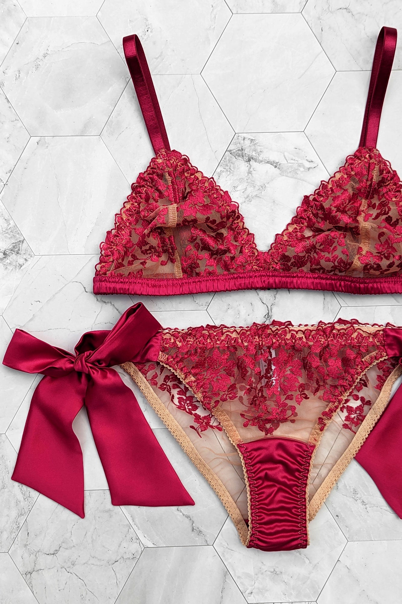 Valentine's Day lingerie set with red silk and embroidery