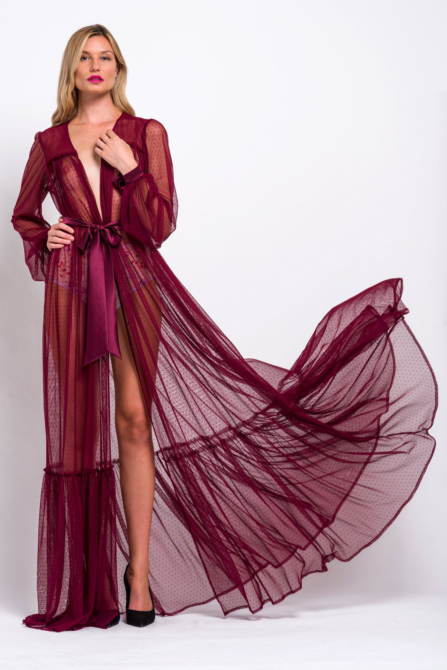 Retro, dotted net dressing gown with tulle ruffles and silk belt