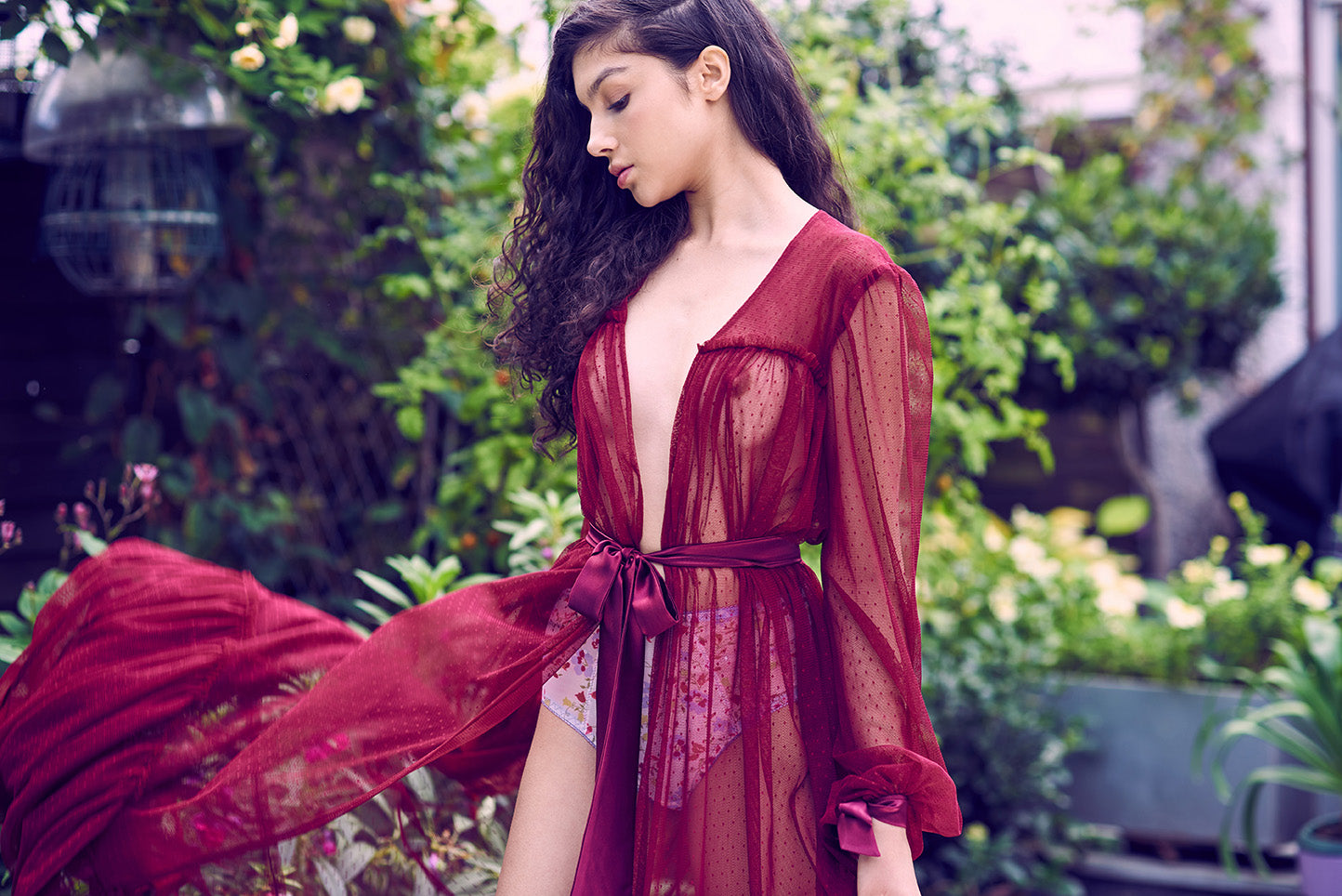 Retro sheer robe in wine red tulle netting