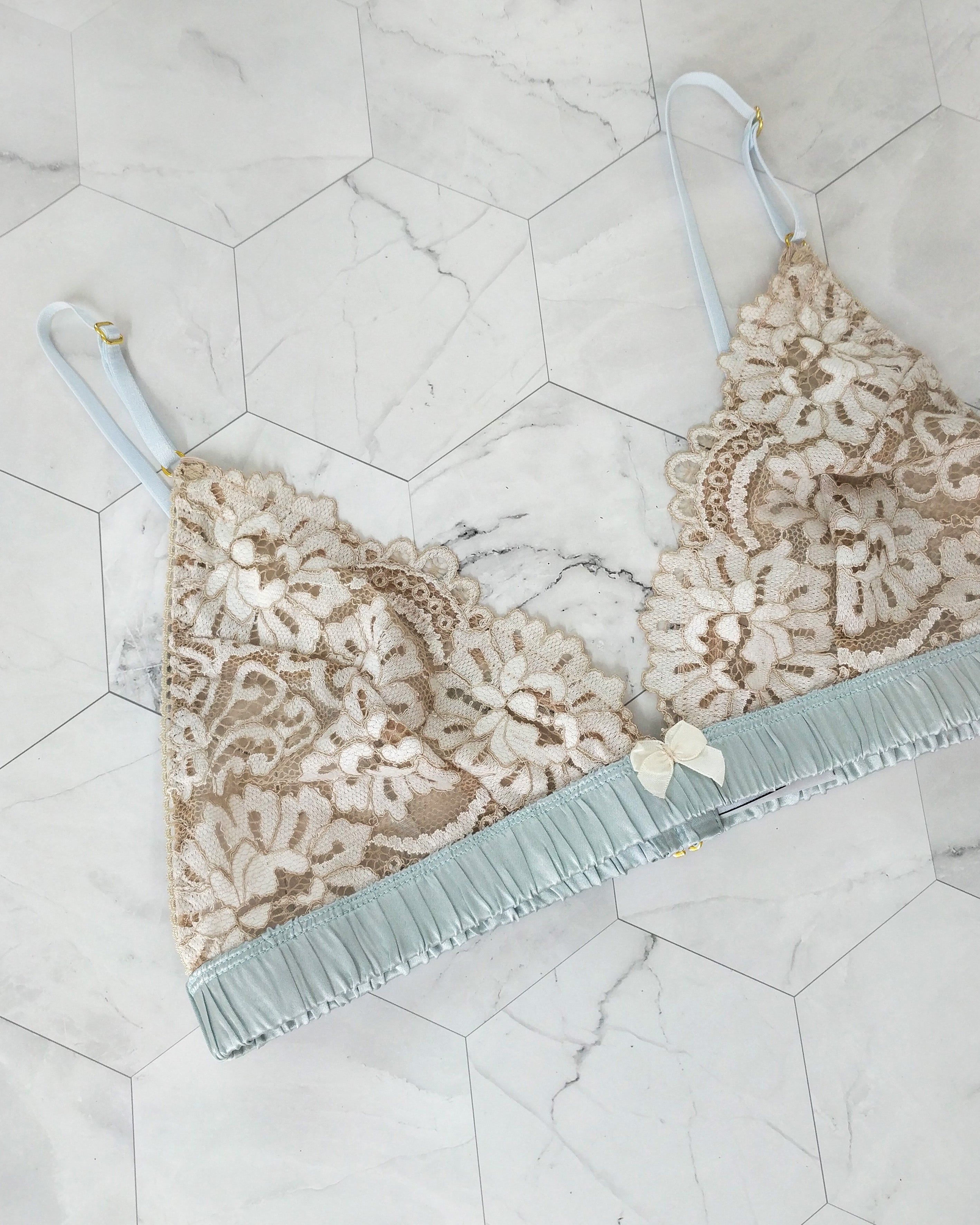 Designer silk and lace bralet with floral design and blue silk band and bows