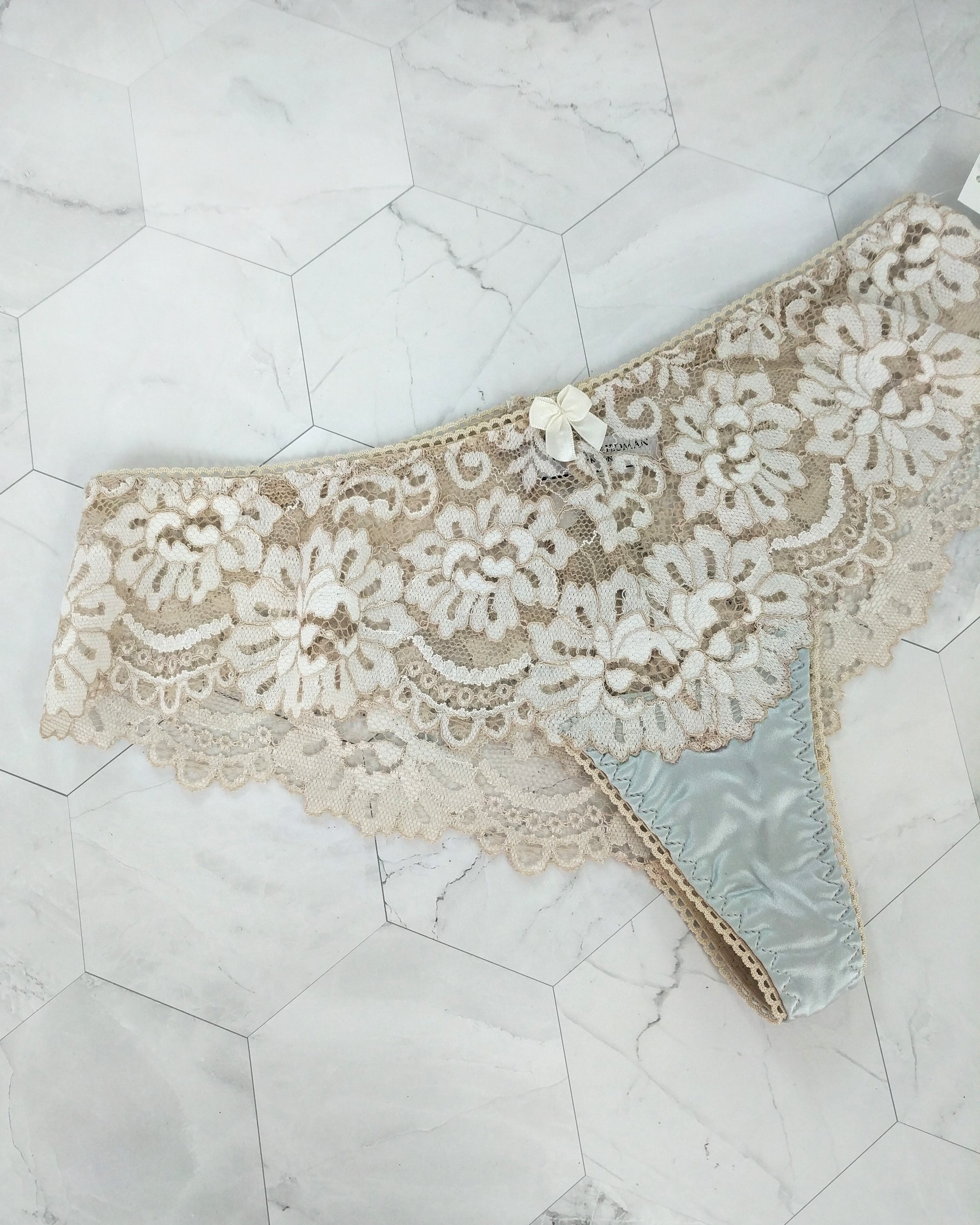 Blue silk and cream lace thong knickers by designer Angela Friedman