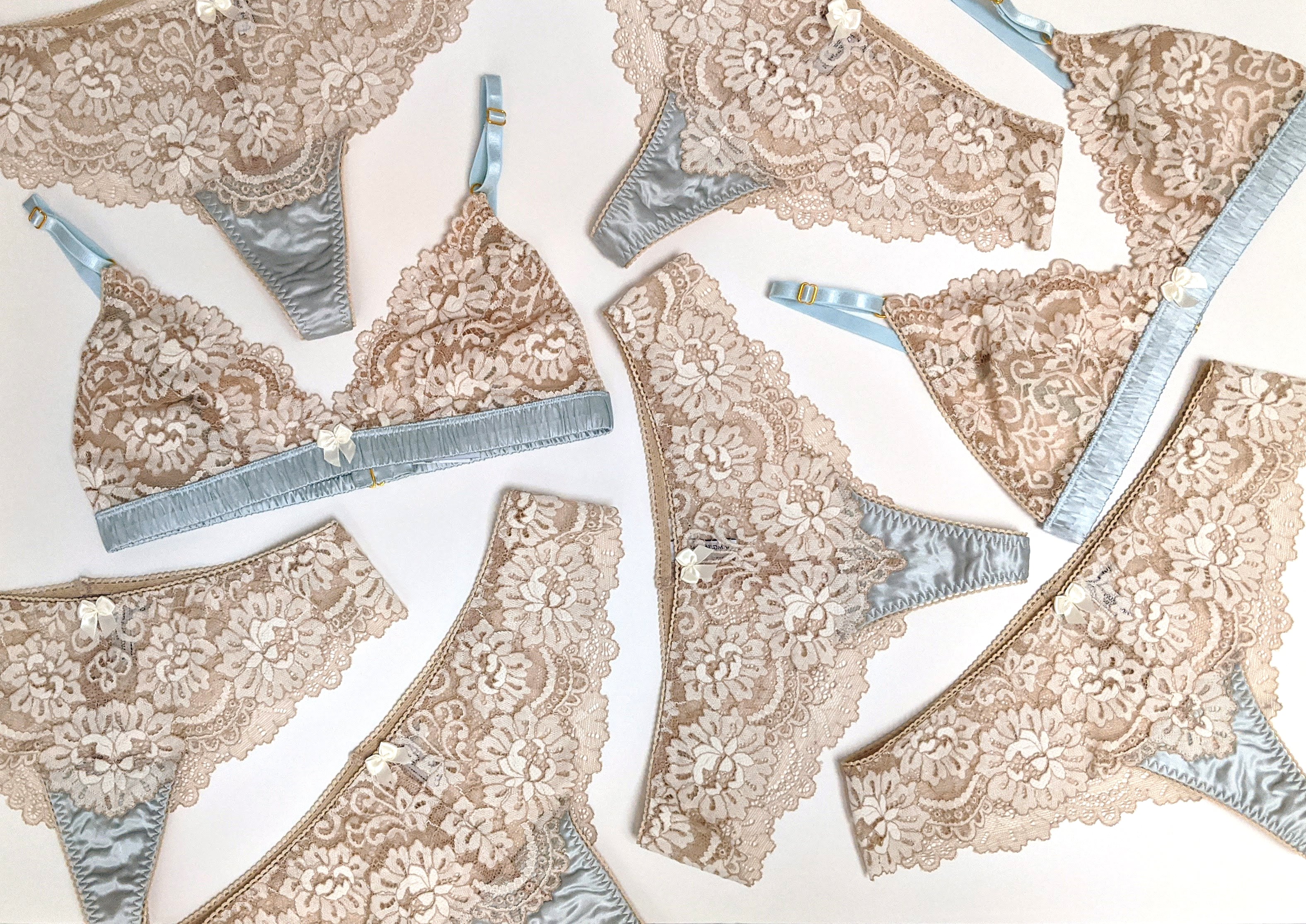 Lace bralette and blue silk lingerie set