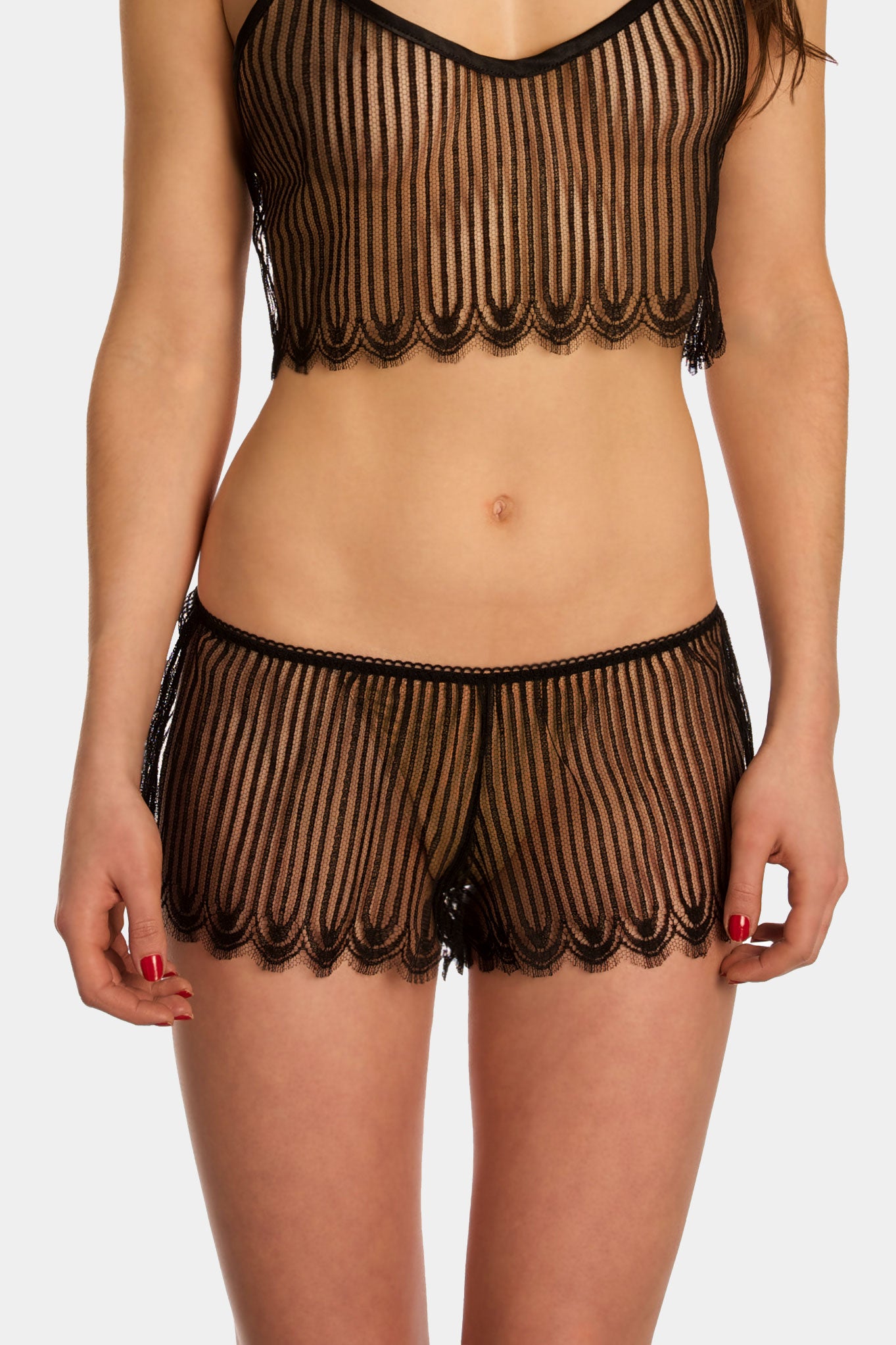 Sheer black lace french knickers and silk lounge wear set