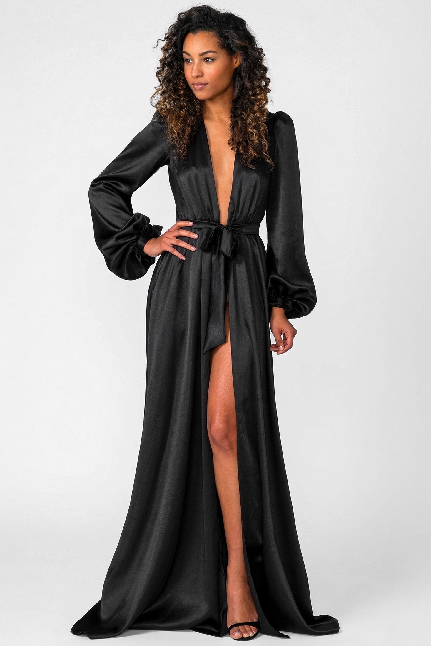 Old Hollywood style dressing gown in black silk satin
