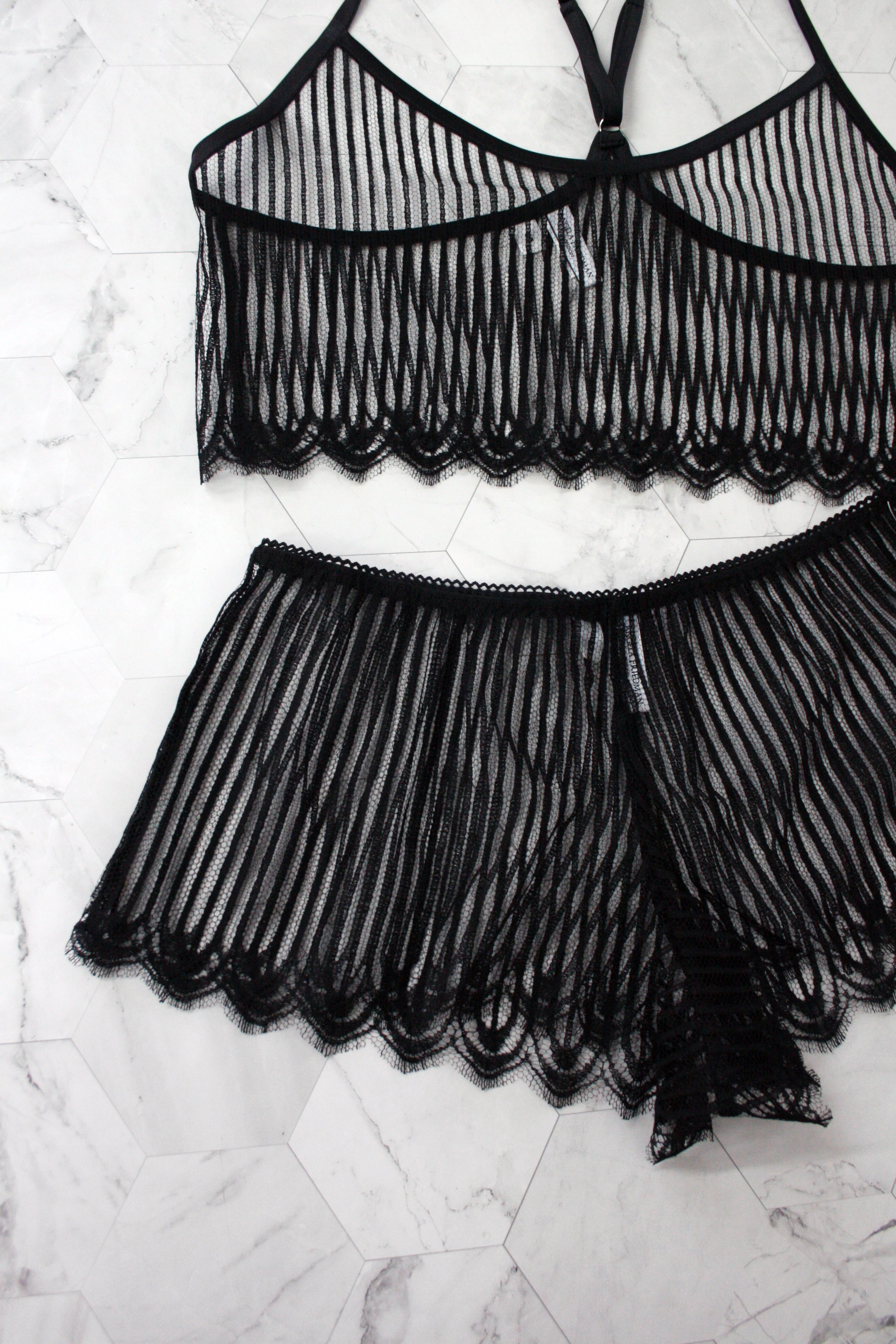 Luxury designer lounge and sleep wear sets, handmade of striped French lace