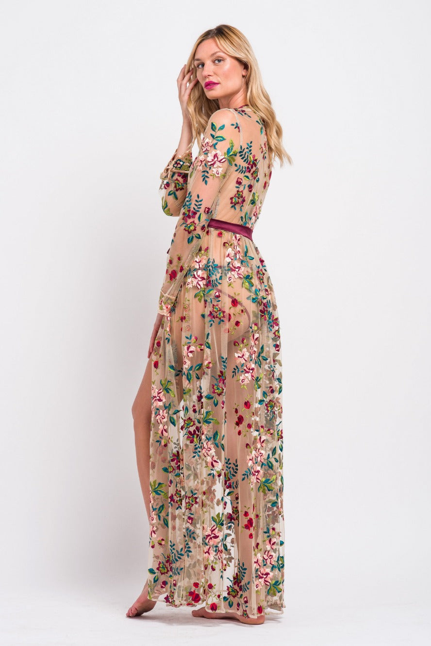 Glamorous, floral embroidered robe by designer Angela Friedman