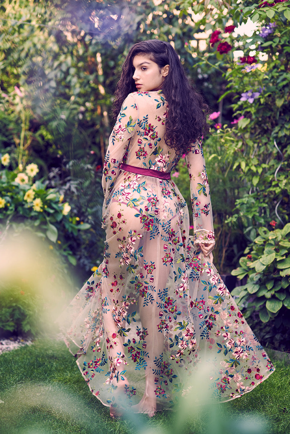 Vintage inspired, floral embroidered robe with floor length skirt